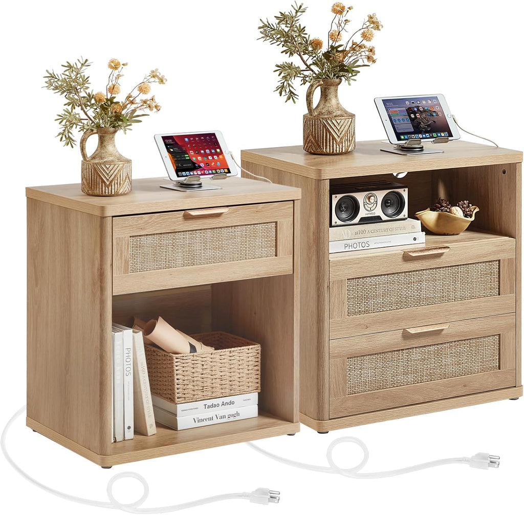 LEYAOYAO Rattan Nightstand Set of 2 with Charging Station, 1 & 2 Drawers Boho Night Stand Dresser for Bedroom, Natural Wood Bedside Table Open Storage Cabinet, Bed Side End Tables, Living Room,Hallway