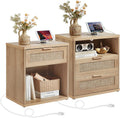 LEYAOYAO Rattan Nightstand Set of 2 with Charging Station, 1 & 2 Drawers Boho Night Stand Dresser for Bedroom, Natural Wood Bedside Table Open Storage Cabinet, Bed Side End Tables, Living Room,Hallway