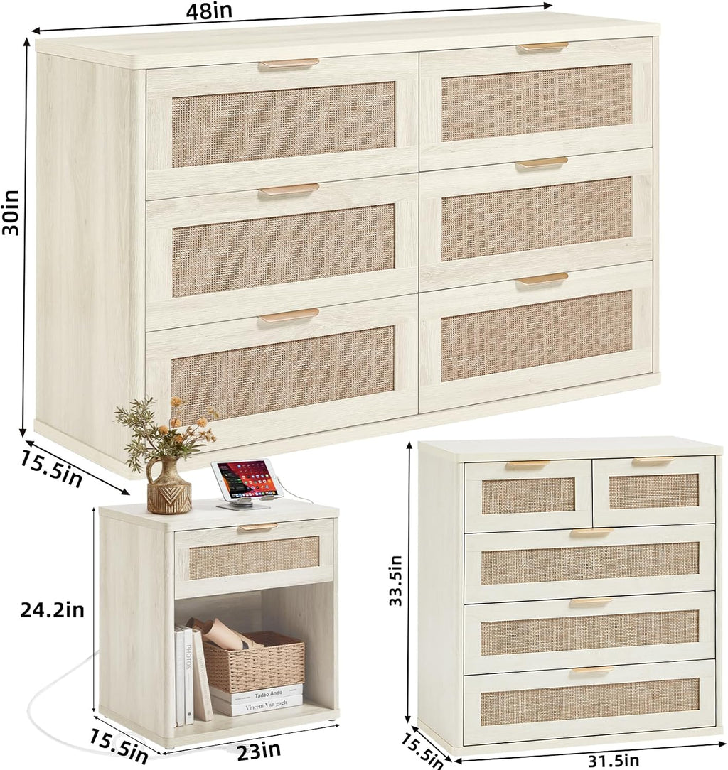 LEYAOYAO Rattan Dresser and Nightstand Sets 4 Piece, Boho Wood Dresser for Bedroom with 6 Drawers and Night Stand with Charging Station, Bedroom Furniture, Dressers & Chests of Drawers, Hallway