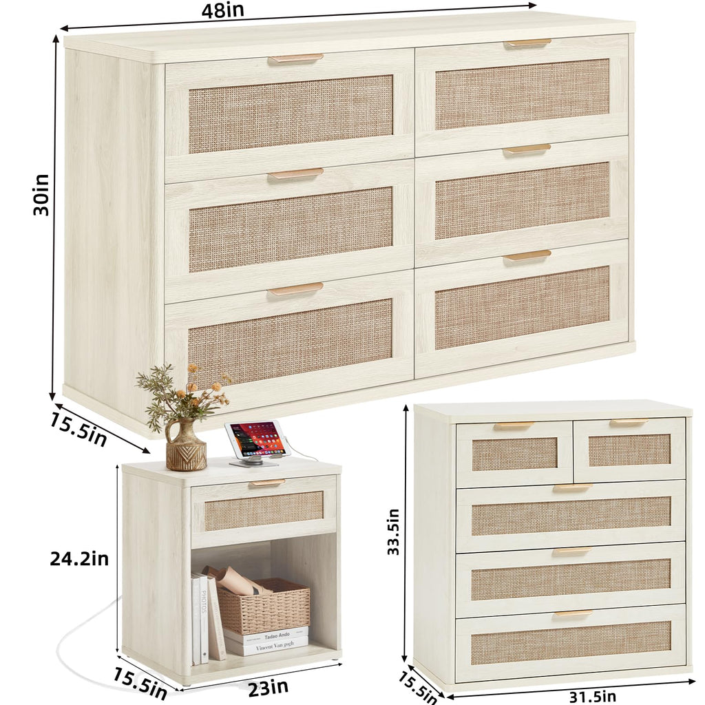 LEYAOYAO Rattan Dresser and Nightstand Sets 4 Piece, Boho Wood Dresser for Bedroom with 6 Drawers and Night Stand with Charging Station, Bedroom Furniture, Dressers & Chests of Drawers, Hallway