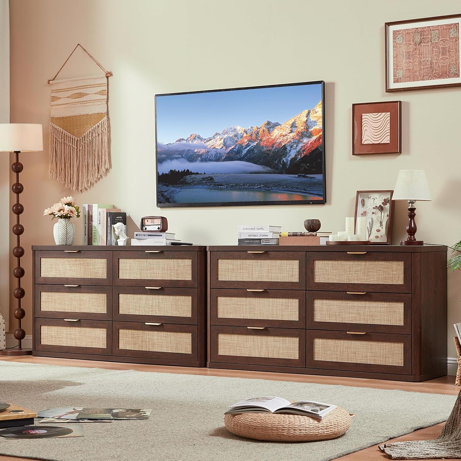 LEYAOYAO Rattan 23" Nightstands with Charger Station 2 Drawers