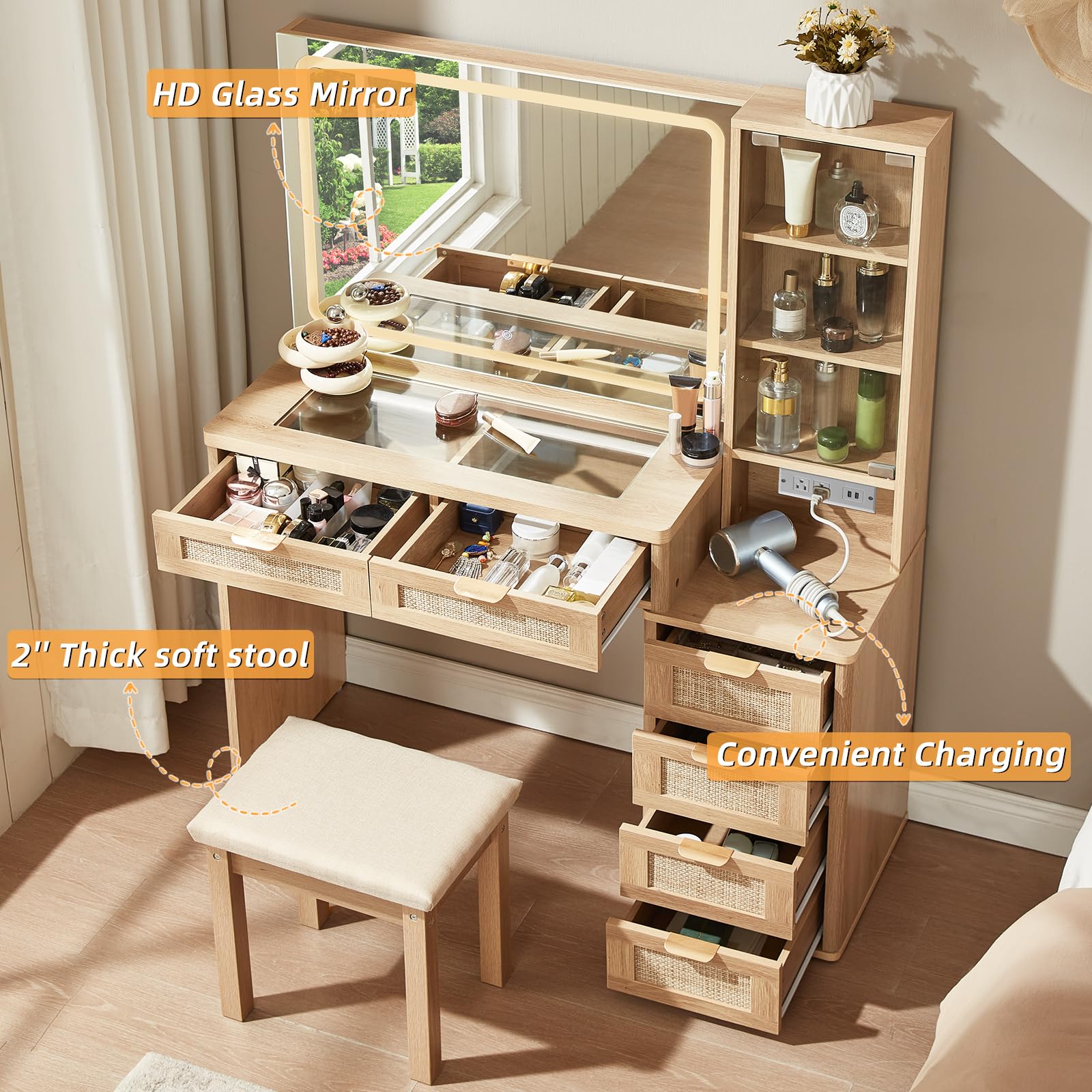 LEYAOYAO Rattan Makeup Vanity Desk with Stool, Mirror and Lights