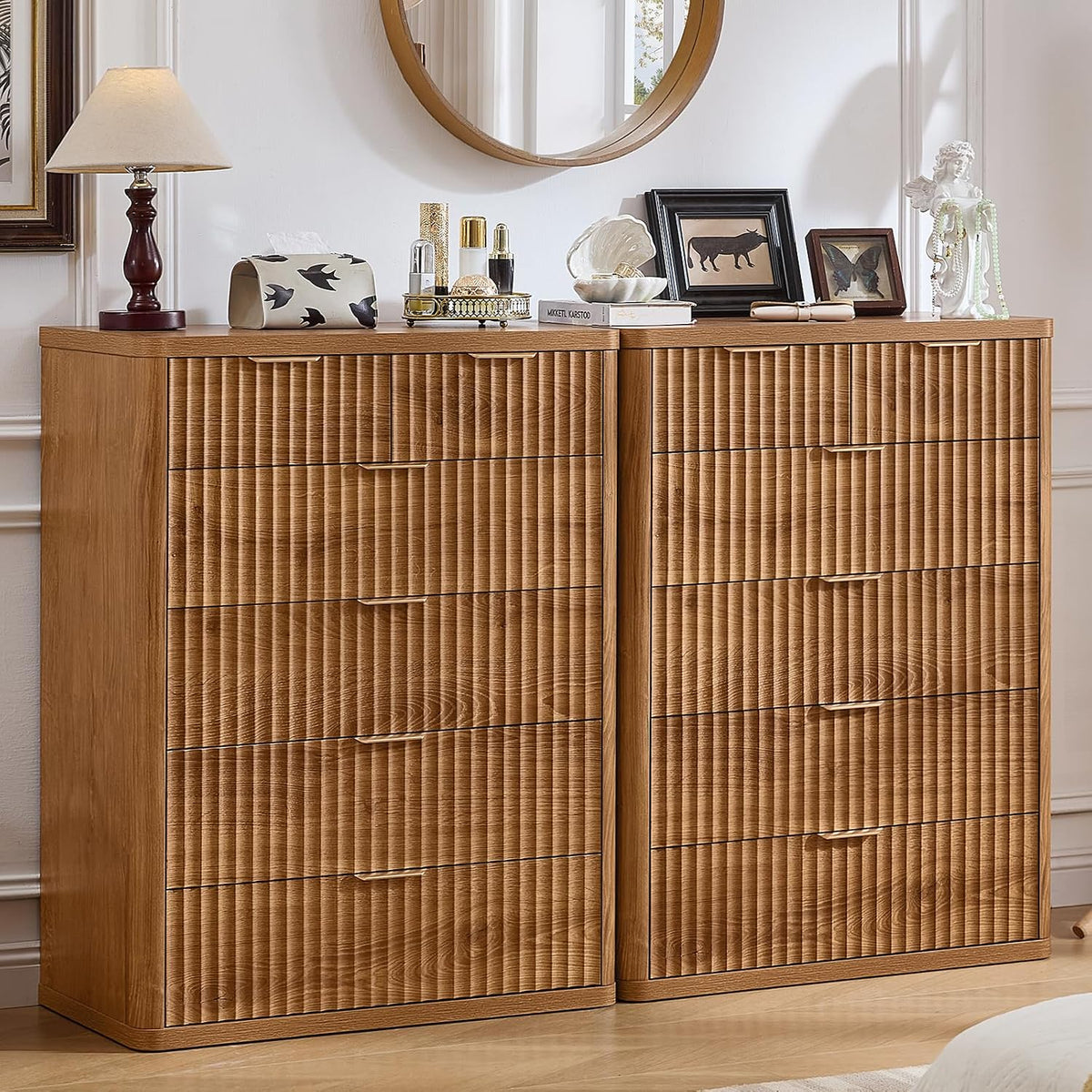 LEYAOYAO Fluted 6 Drawers Dresser for Bedroom Set of 2, 42" Tall Modern Chest of Drawer with Metal Handle, Curved Profile Design,Brown Wood Drawer Organizer for Bedroom, Living Room, Hallway