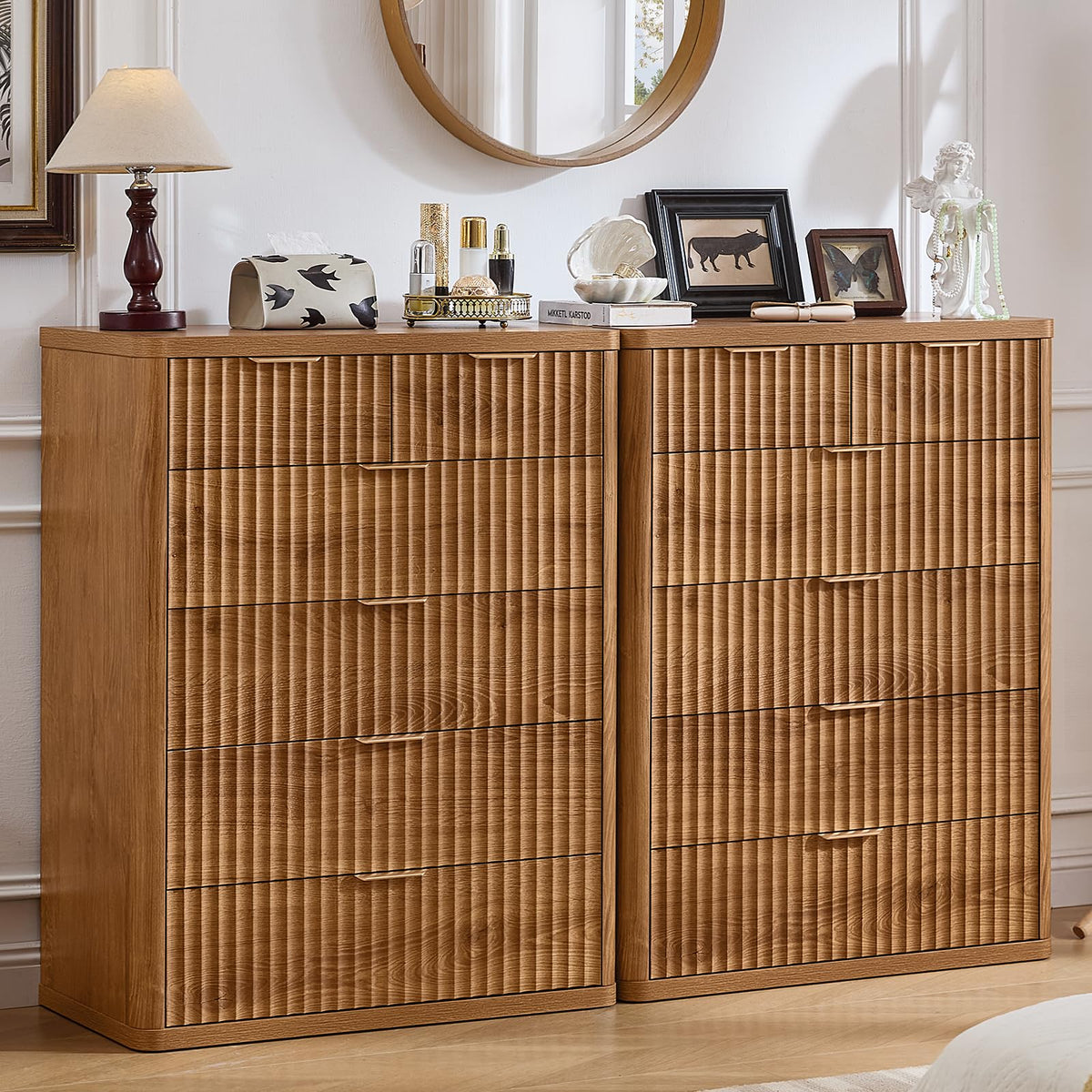 LEYAOYAO Fluted 6 Drawers Dresser for Bedroom Set of 2, 42" Tall Modern Chest of Drawer with Metal Handle, Curved Profile Design,Brown Wood Drawer Organizer for Bedroom, Living Room, Hallway