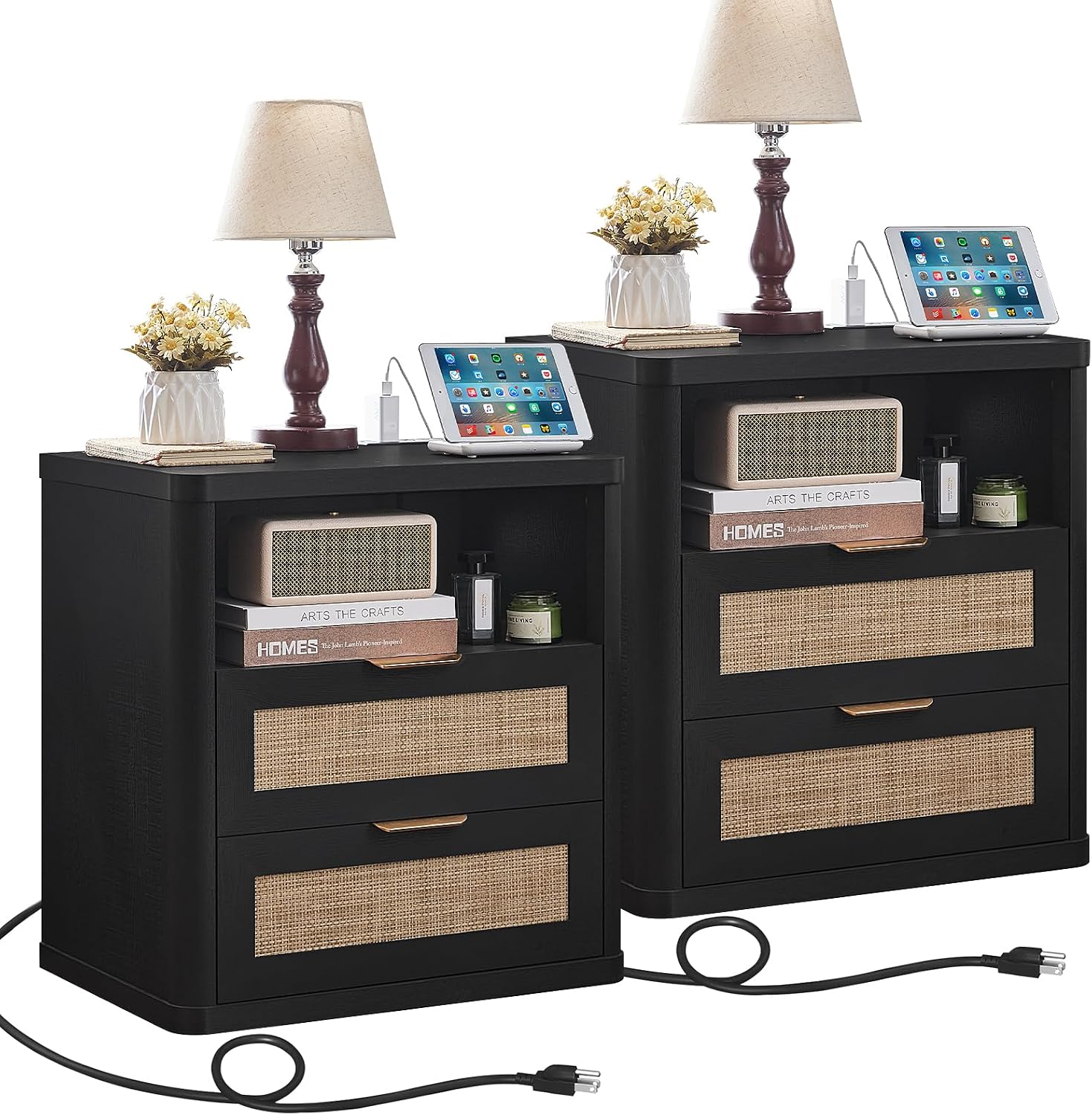 LEYAOYAO Rattan 23" Nightstands with Charger Station 2 Drawers