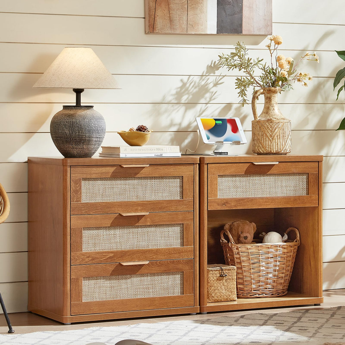 LEYAOYAO Rattan Nightstand Set of 2 with Charging Station, 1 & 2 Drawers Boho Night Stand Dresser for Bedroom, Natural Wood Bedside Table Open Storage Cabinet, Bed Side End Tables, Living Room,Hallway
