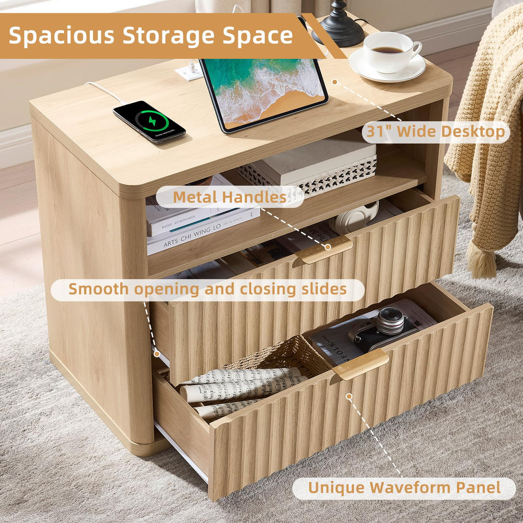 LEYAOYAO 31" Wide Fluted Nightstand with Charging Station, Oversized Extra Large 1 Drawer Night Stand with Golden Handle, Antique White Bedside Table Tall End Tables,for Bedroom, Living Room, Hallway