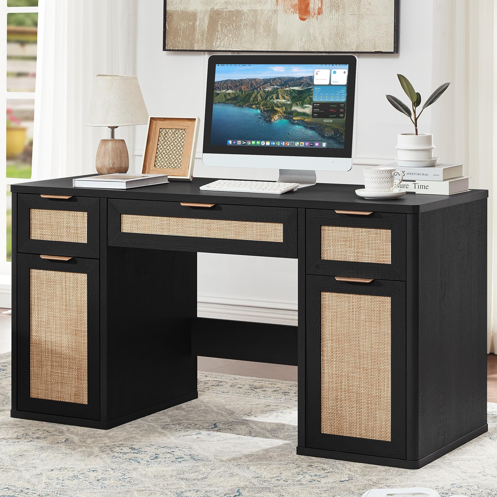 LEYAOYAO Office Desk 56" with 5 Drawers Storage File Cabinet, Natural