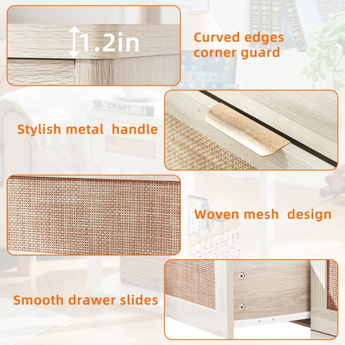 LEYAOYAO Narrow Side Table with Charging Station, Rattan 24 x 14''