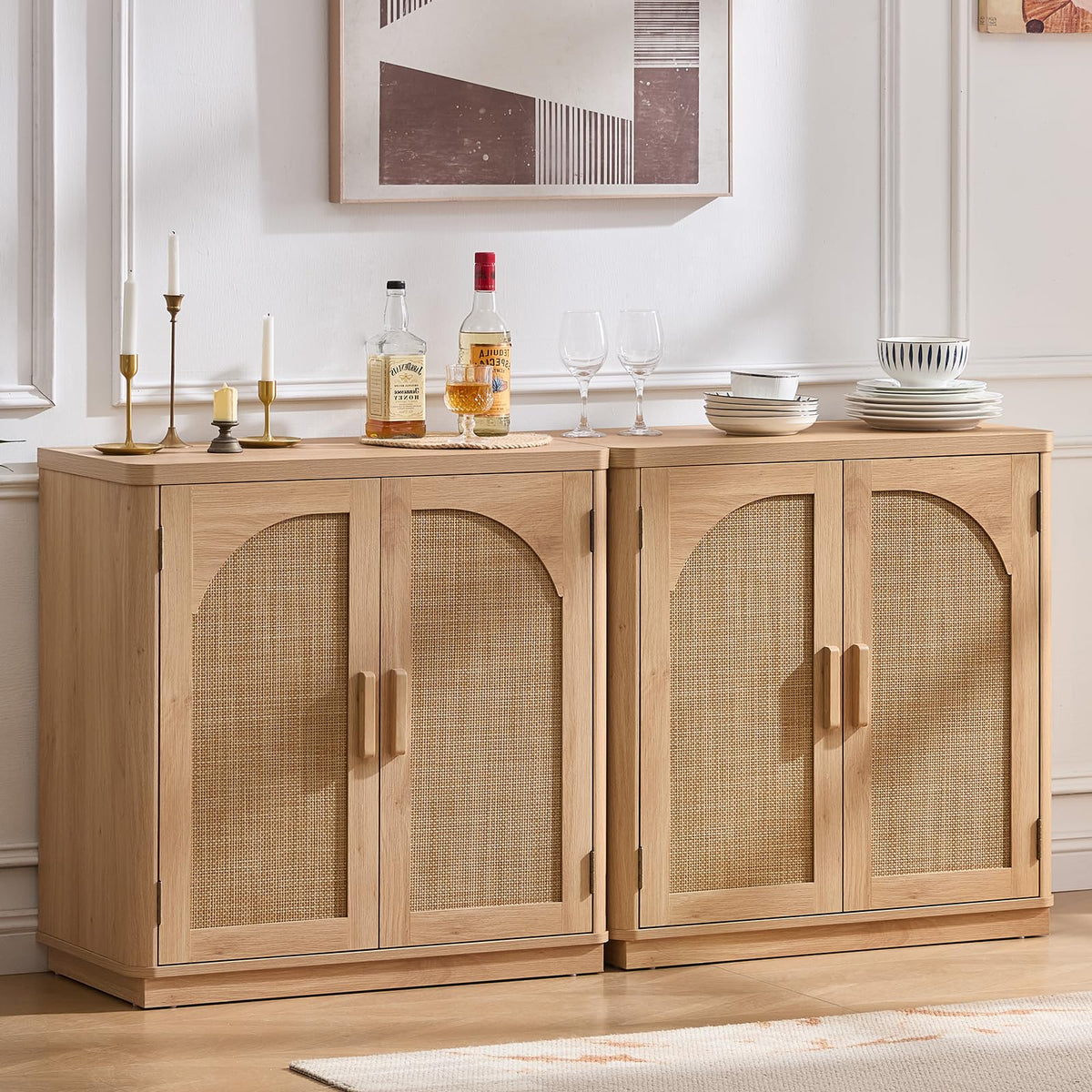 LEYAOYAO Rattan Sideboard Buffet Cabinet with Storage, 31.5" Coffee Bar Cabinet with Arch Doors & Adjustable Shelves, Wood Credenza, Boho Accent Cabinet for Kitchen, Living Room, Natural