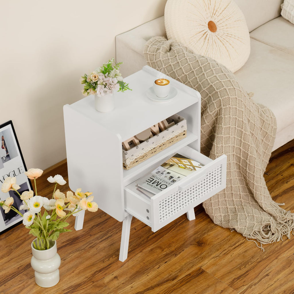 Lerliuo Rattan Nightstand, Boho Side Table with Drawer Open Shelf