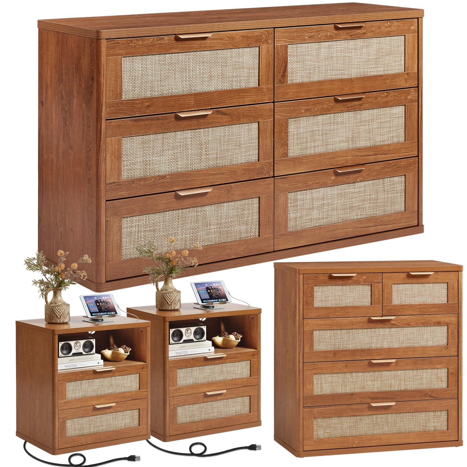 LEYAOYAO Rattan Dresser and Nightstand Sets 4 Piece, Boho Wood Dresser for Bedroom with 6 Drawers and Night Stand with Charging Station, Bedroom Furniture, Dressers & Chests of Drawers, Hallway