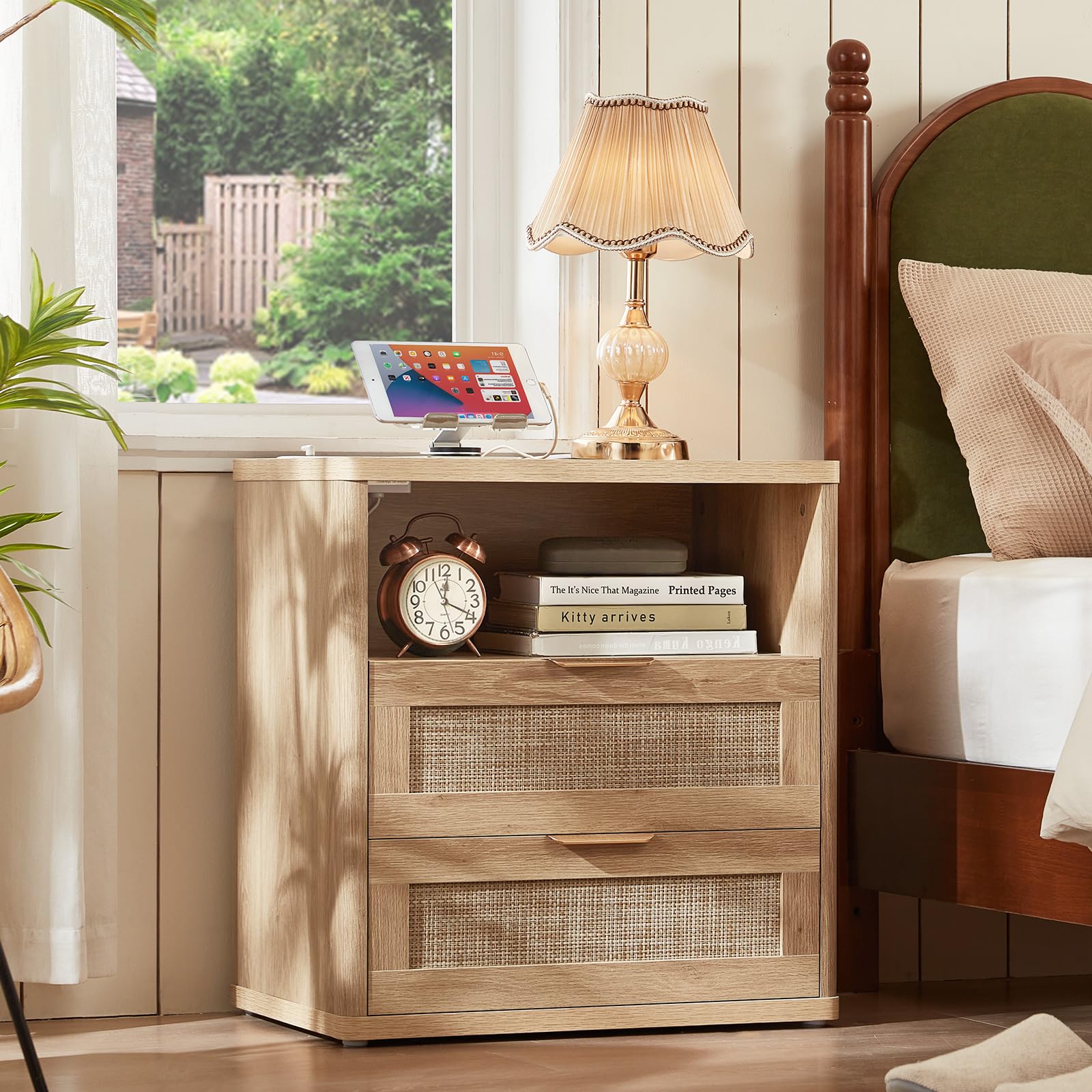 Lerliuo Rattan NightStand with Charger Station, 23" Wide Boho Bedside Table with Drawers, Natural Wood Night Stand Open Storage Cabinet, Bed Side End Table Dresser for Living Room, Hallway, Bedroom