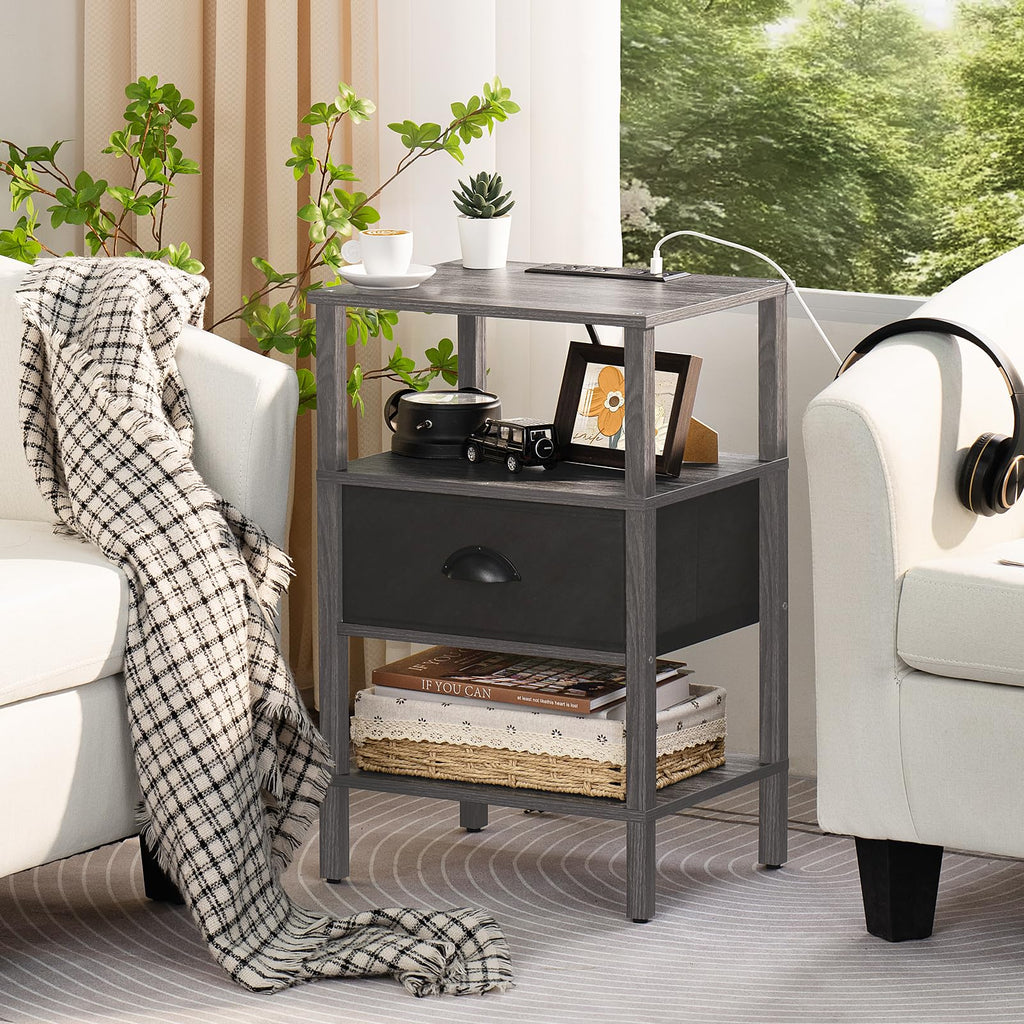 Lerliuo Nightstand Set of 2 with Charging Station and USB Ports, 3-Tier Storage End Table with Cloth Drawer Shelf, Night Stand for Small Spaces, Wood Bedside Table for Living Room, Bedroom - Grey
