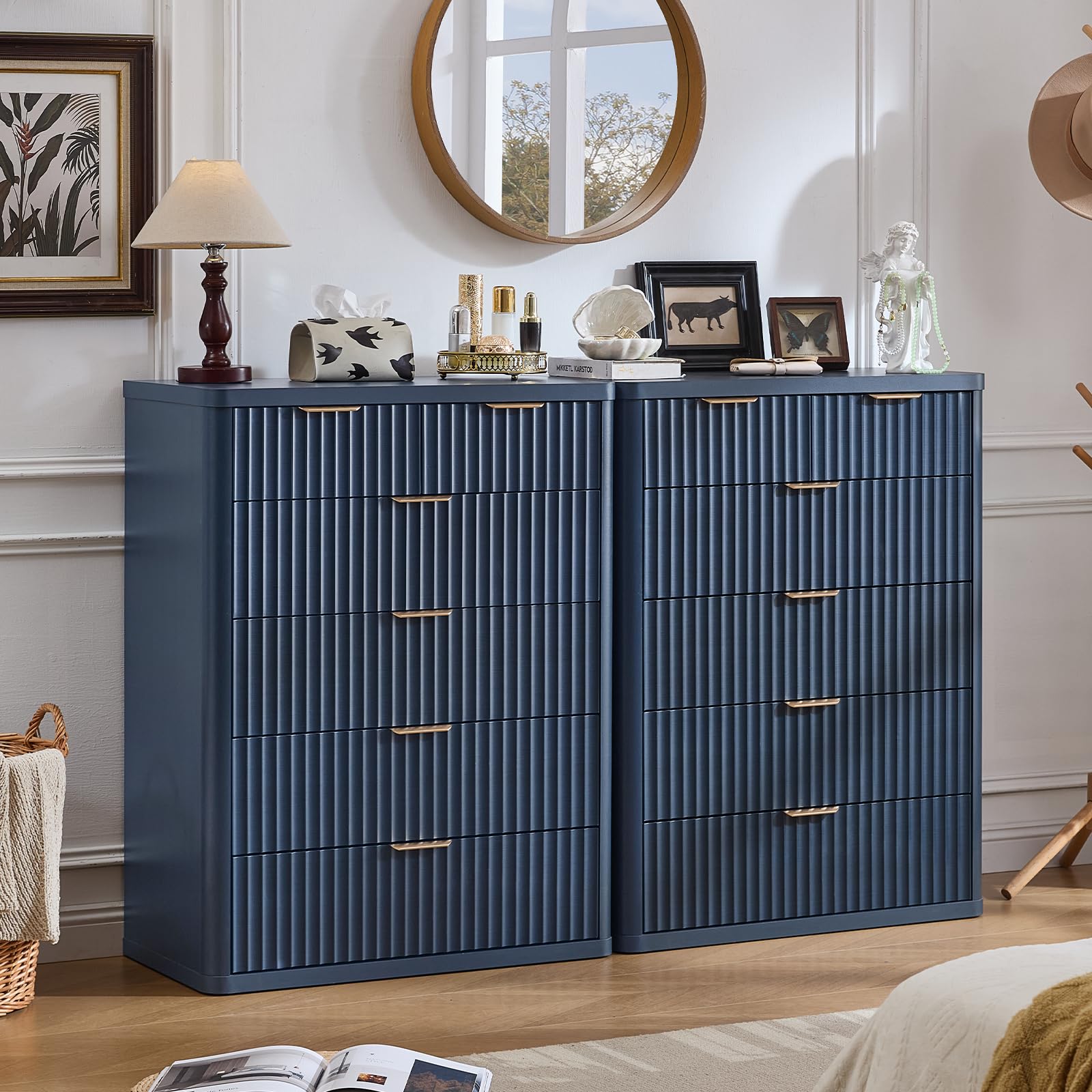 LEYAOYAO Fluted 6 Drawers Dresser for Bedroom Set of 2, 42" Tall Modern Chest of Drawer with Metal Handle, Curved Profile Design,Brown Wood Drawer Organizer for Bedroom, Living Room, Hallway