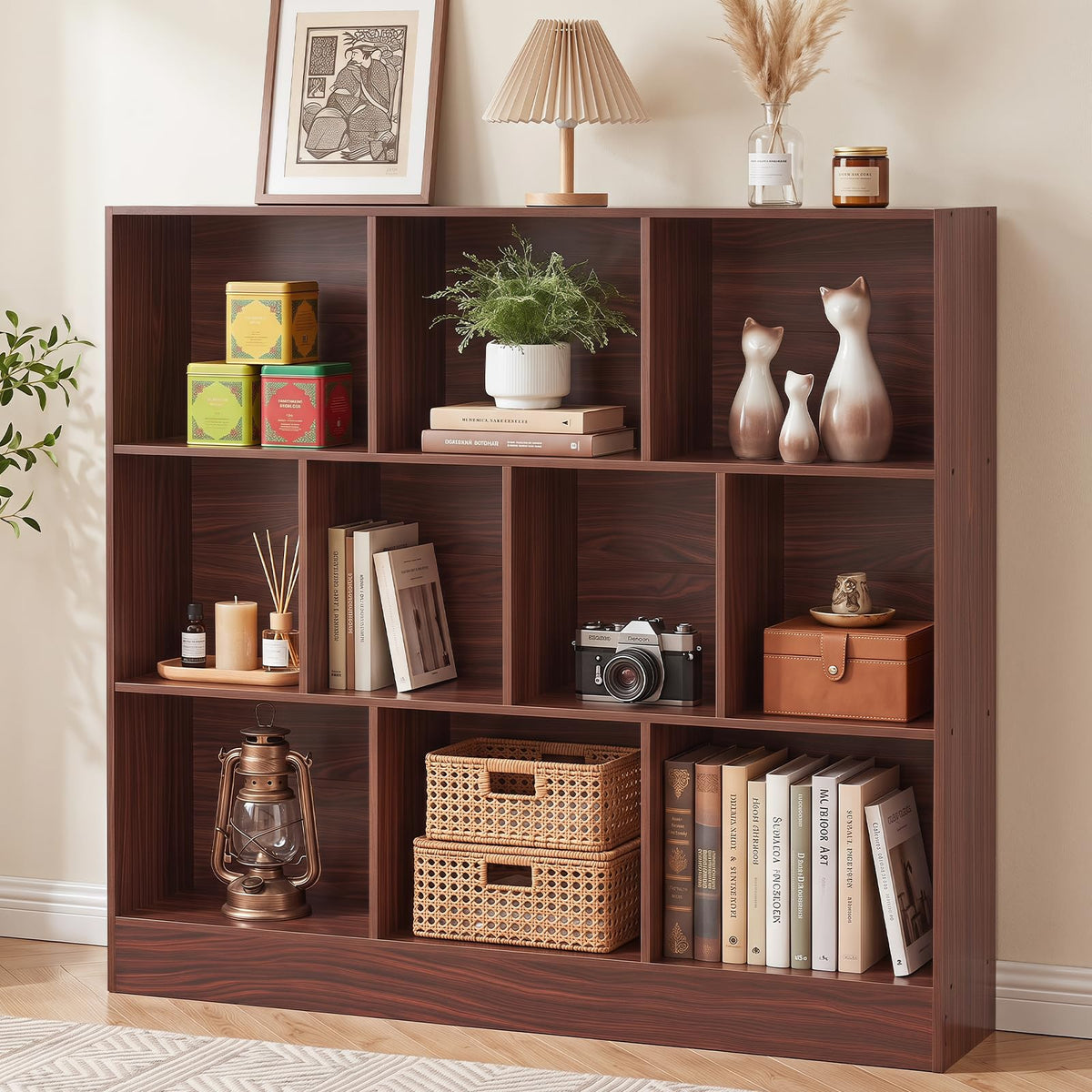 LEYAOYAO 7 Cube Bookshelf with Base,3 Tier Mid-Century Modern Blue Bookcase,Standing Wide Bookshelves Storage Organizer Shelf,Rustic Wood Display Cabinet Book Shelves for Bedroom,Living Room,Office