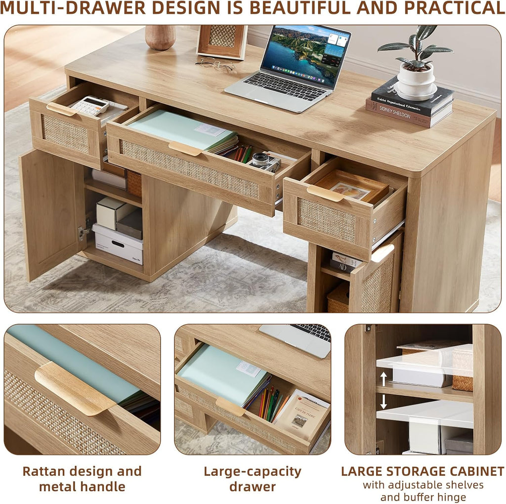 LEYAOYAO Office Desk 56" with 5 Drawers Storage File Cabinet, Natural