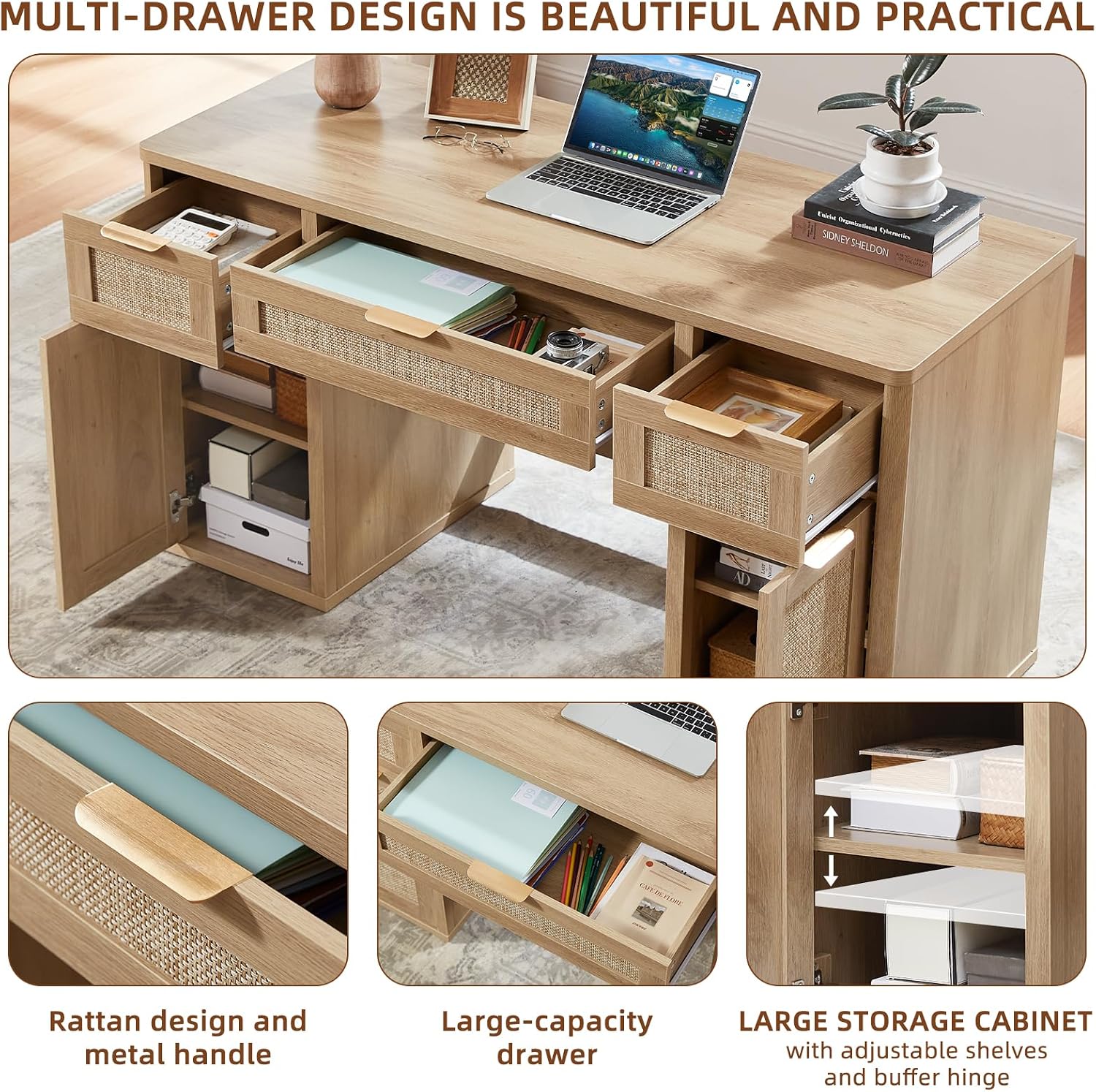 LEYAOYAO Office Desk 56" with 5 Drawers Storage File Cabinet, Natural