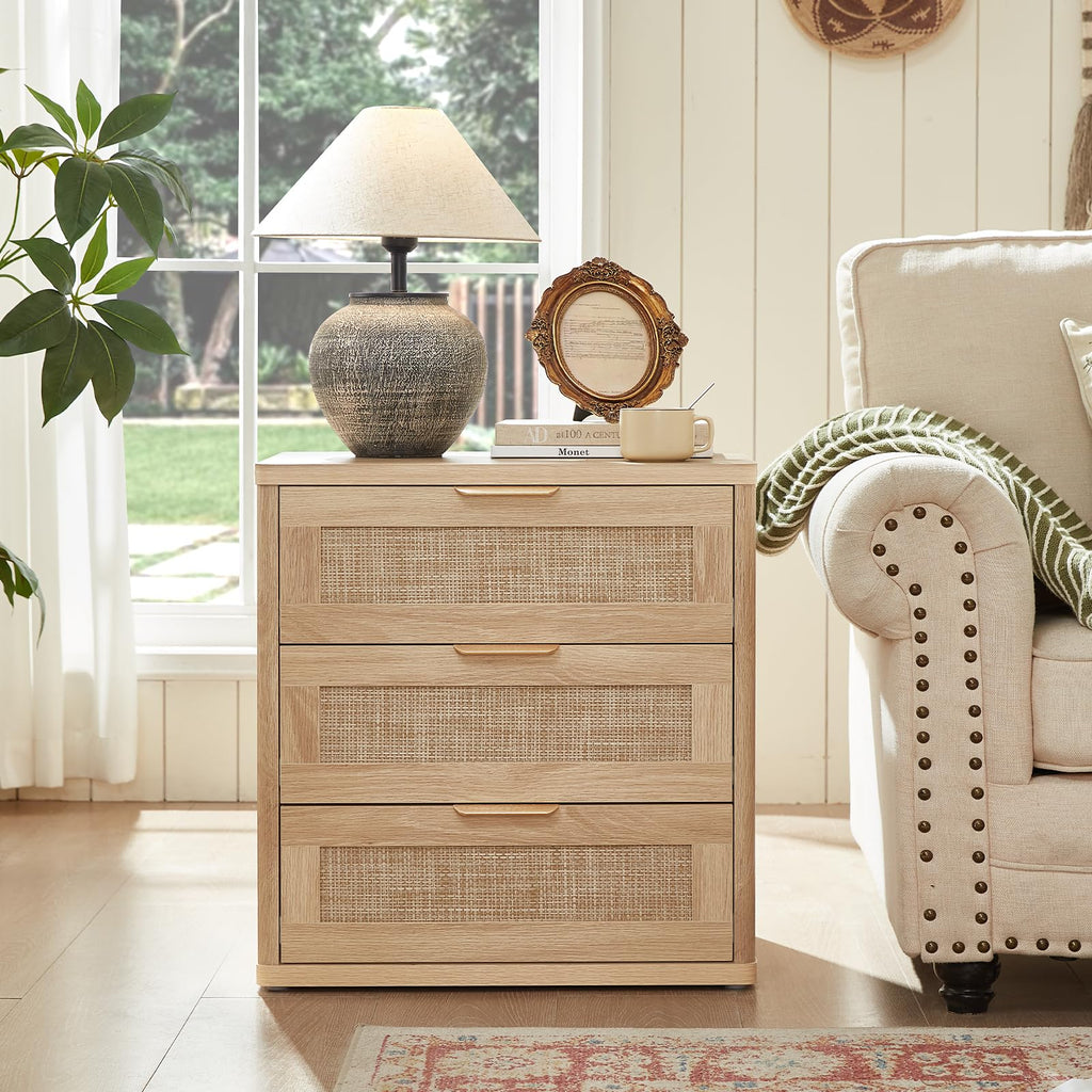 LEYAOYAO Rattan Dresser and Nightstand Set of 3, Boho Wood Dresser for Bedroom with 6 Drawers and Night Stand with Charging Station, Bedroom Furniture, Dressers & Chests of Drawers, Living Room