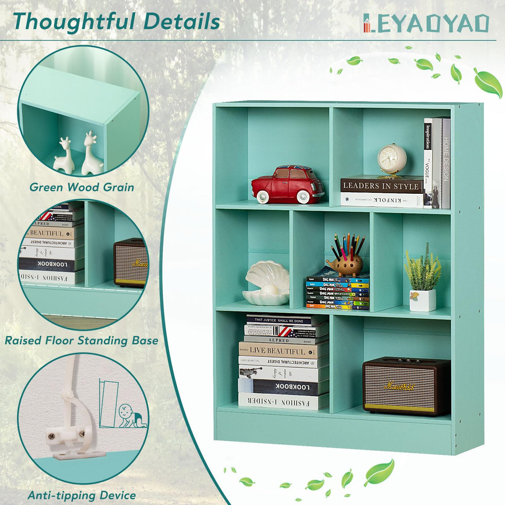 LEYAOYAO 7 Cube Bookshelf with Base,3 Tier Mid-Century Modern Blue Bookcase,Standing Wide Bookshelves Storage Organizer Shelf,Rustic Wood Display Cabinet Book Shelves for Bedroom,Living Room,Office