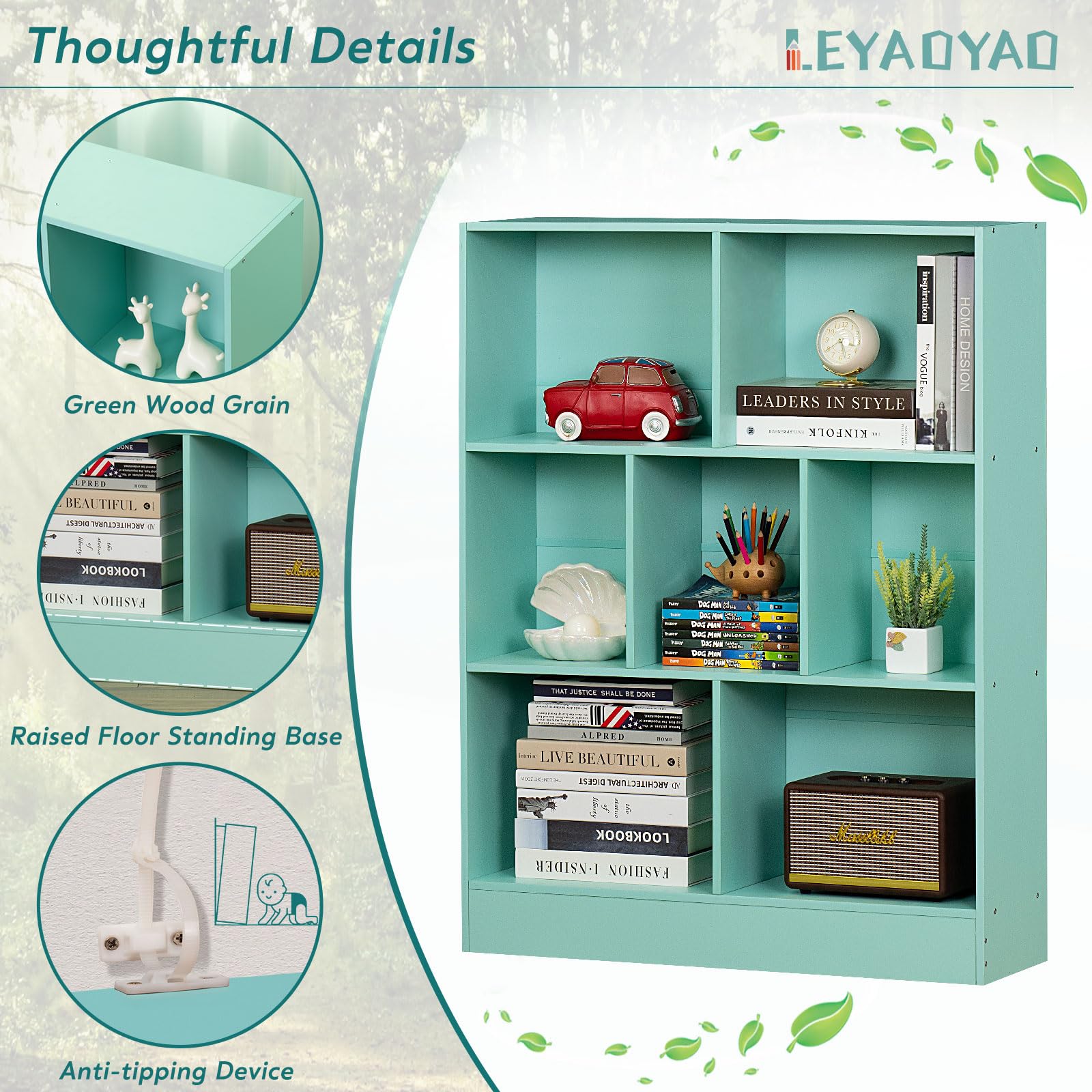 LEYAOYAO 7 Cube Bookshelf with Base,3 Tier Mid-Century Modern Blue Bookcase,Standing Wide Bookshelves Storage Organizer Shelf,Rustic Wood Display Cabinet Book Shelves for Bedroom,Living Room,Office