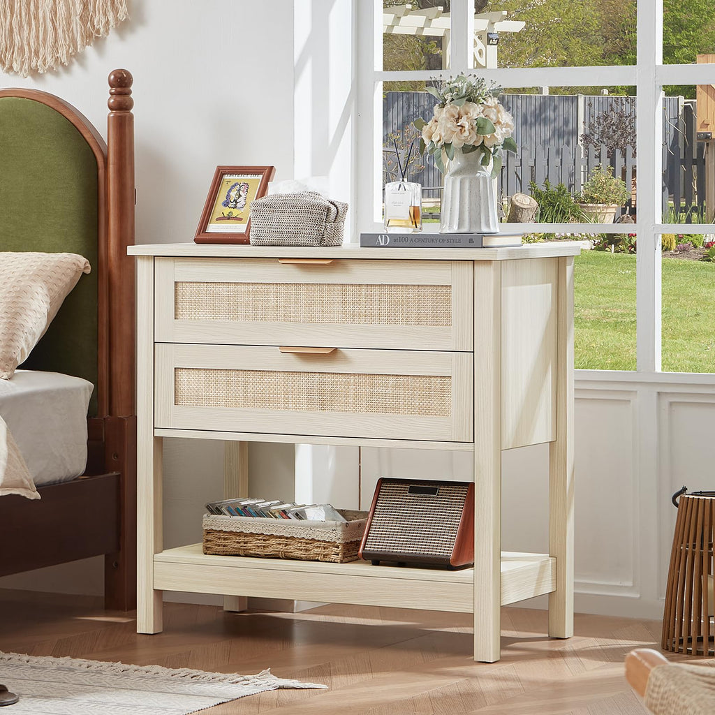 Lerliuo 31.5" Wide Rattan Nightstand,Oversized Large Boho Night Stand with 2 Drawers, 30" Tall Grey White Bedside Table with Storage Shelf, Bed Side End Tables for Bedroom, Living Room, Hallway
