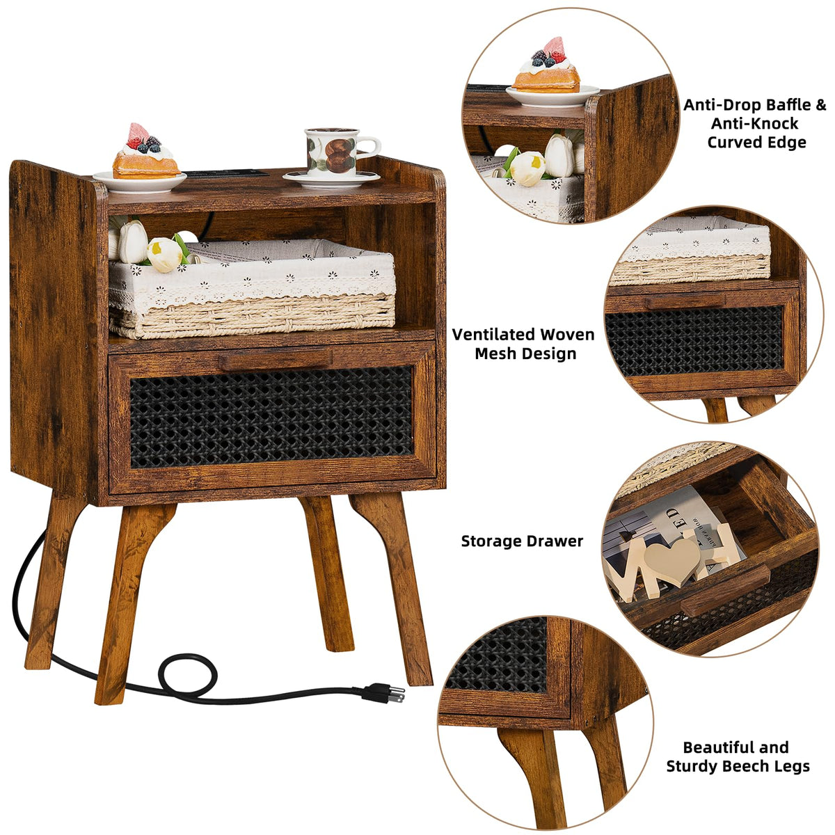 Lerliuo Rattan Nightstand with Charging Station, Boho Night Stand