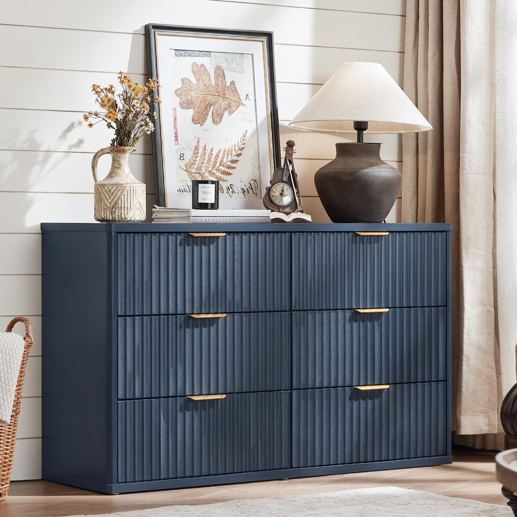 LEYAOYAO Fluted Dressers & Nightstand Set of 4, Wood 48" Wide Dresser & 42" Tall Chest of Drawers,Modern Bedroom Furniture Sets, Natural Wooden Nightstand Set of 2 with 3 Drawers & Charging Station