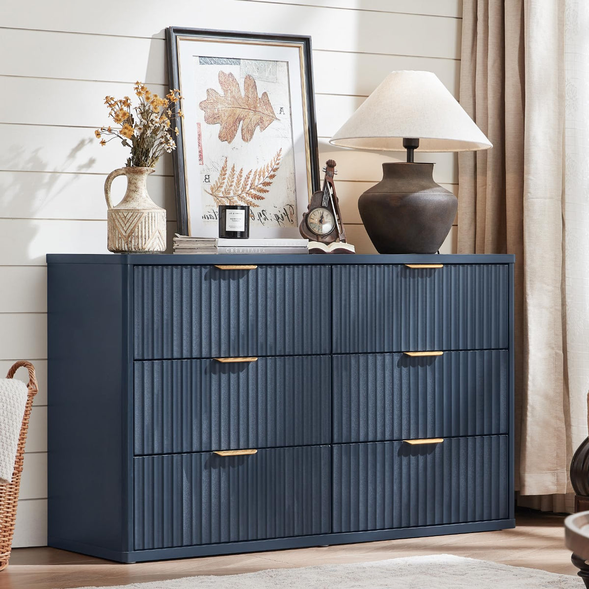 LEYAOYAO Fluted Dressers & Nightstand Set of 4, Wood 48" Wide Dresser & 42" Tall Chest of Drawers,Modern Bedroom Furniture Sets, Natural Wooden Nightstand Set of 2 with 3 Drawers & Charging Station