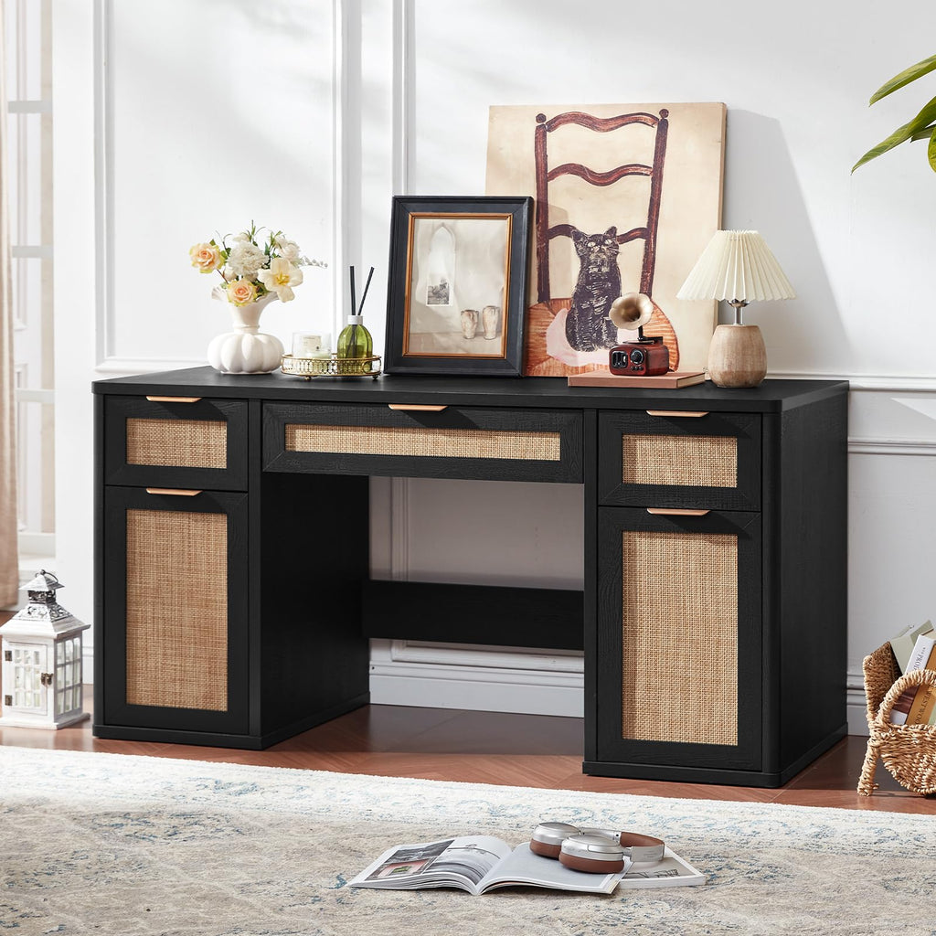 LEYAOYAO Office Desk 56" with 5 Drawers Storage File Cabinet, Natural