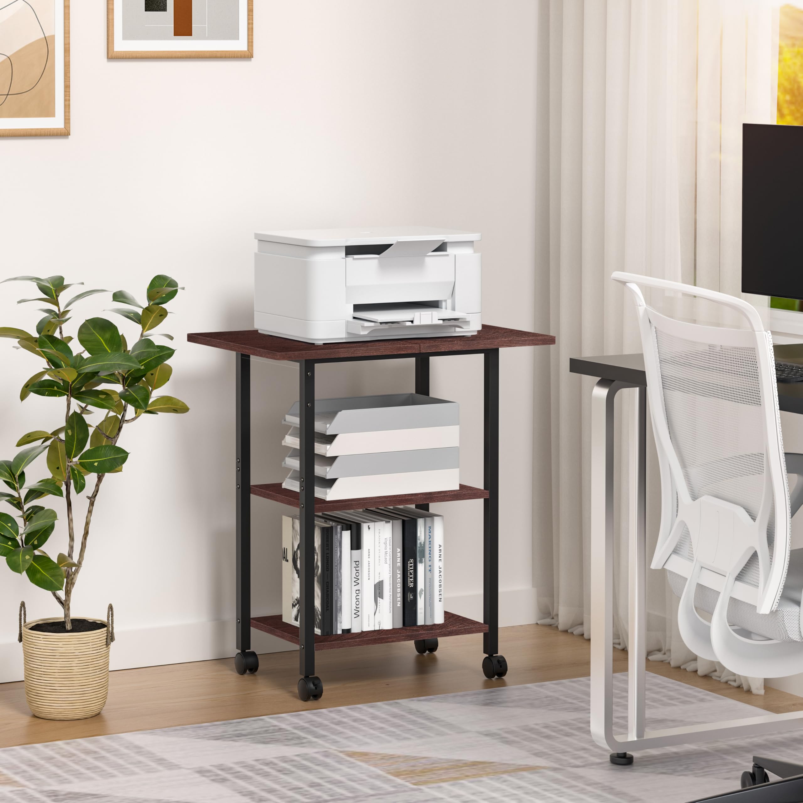 Lerliuo 3-Tier Printer Stand, Industrial Mobile Printer Table with Storage Shelf and Steel Frame, Rolling Printer Cart Holder with Lockable Wheels for Home, Office (White)