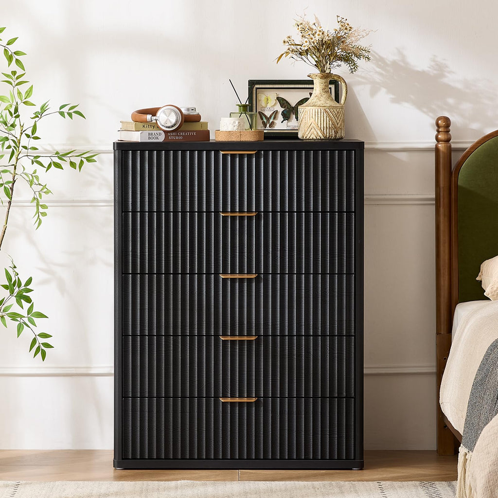 LEYAOYAO Fluted 5 Drawers Dresser for Bedroom, 41" Tall Modern Chest of Drawers with Metal Handle, Curved Profile Design,Natural Wood Drawer Organizer for Bedroom, Living Room, Hallway, Entryway