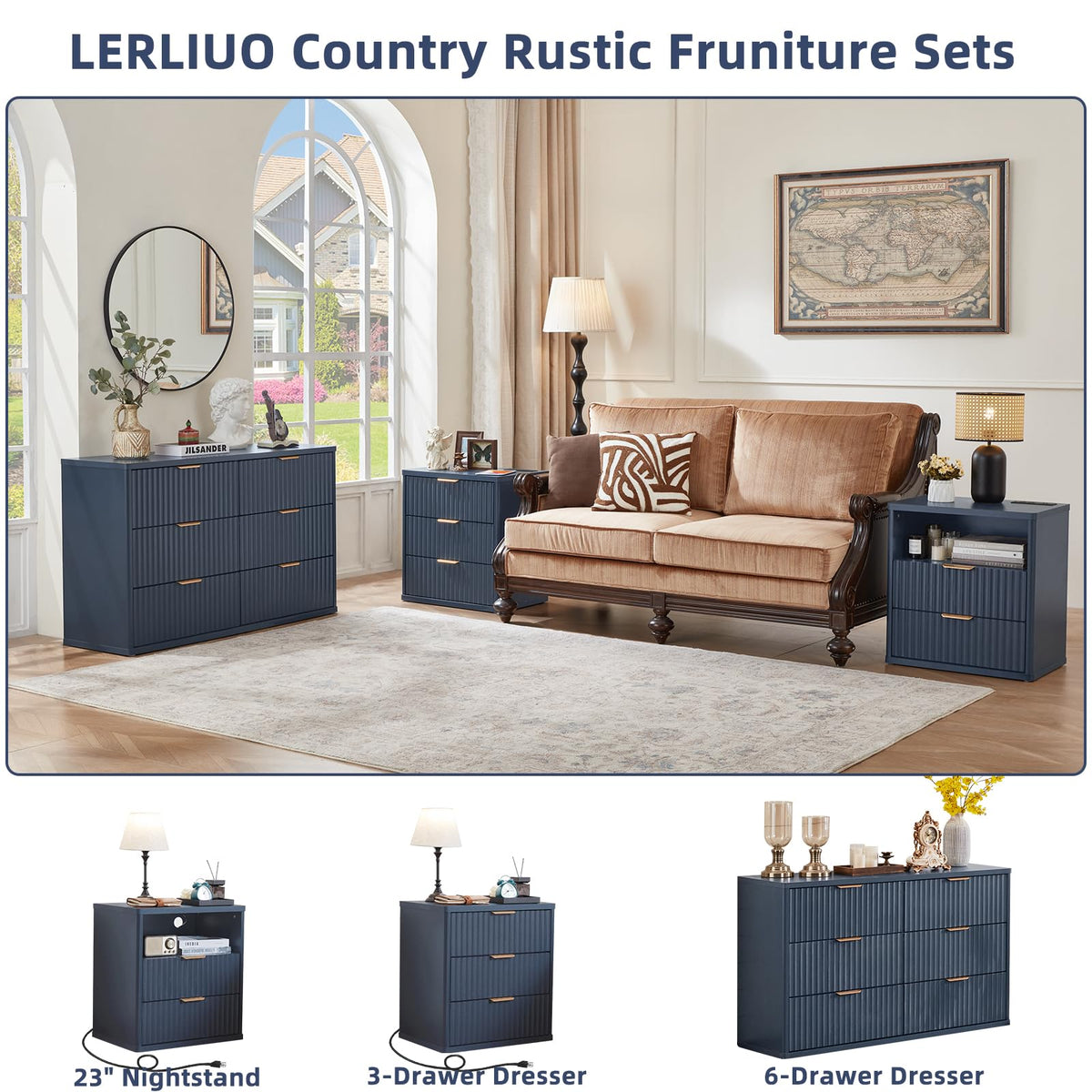 Lerliuo Fluted Nightstand with Charging Station, 23" Wide 2 Drawers End Table, Blue Night Stand with Open Storage Cabinet, Farmhouse Bed Side Tables, Wood Dresser for Bedroom