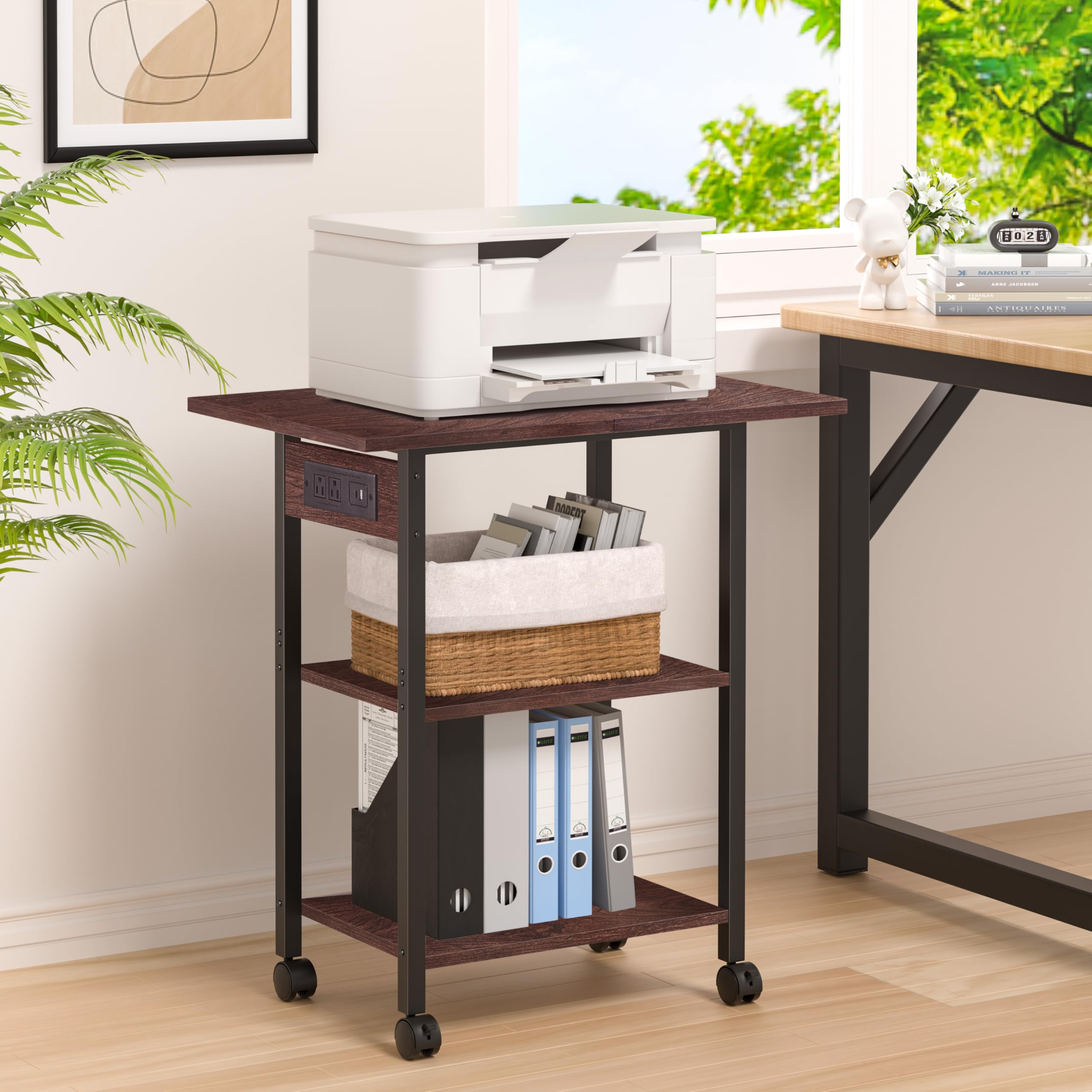 Lerliuo 3-Tier Printer Stand, Industrial Mobile Printer Table with Storage Shelf and Steel Frame, Rolling Printer Cart Holder with Lockable Wheels for Home, Office (White)