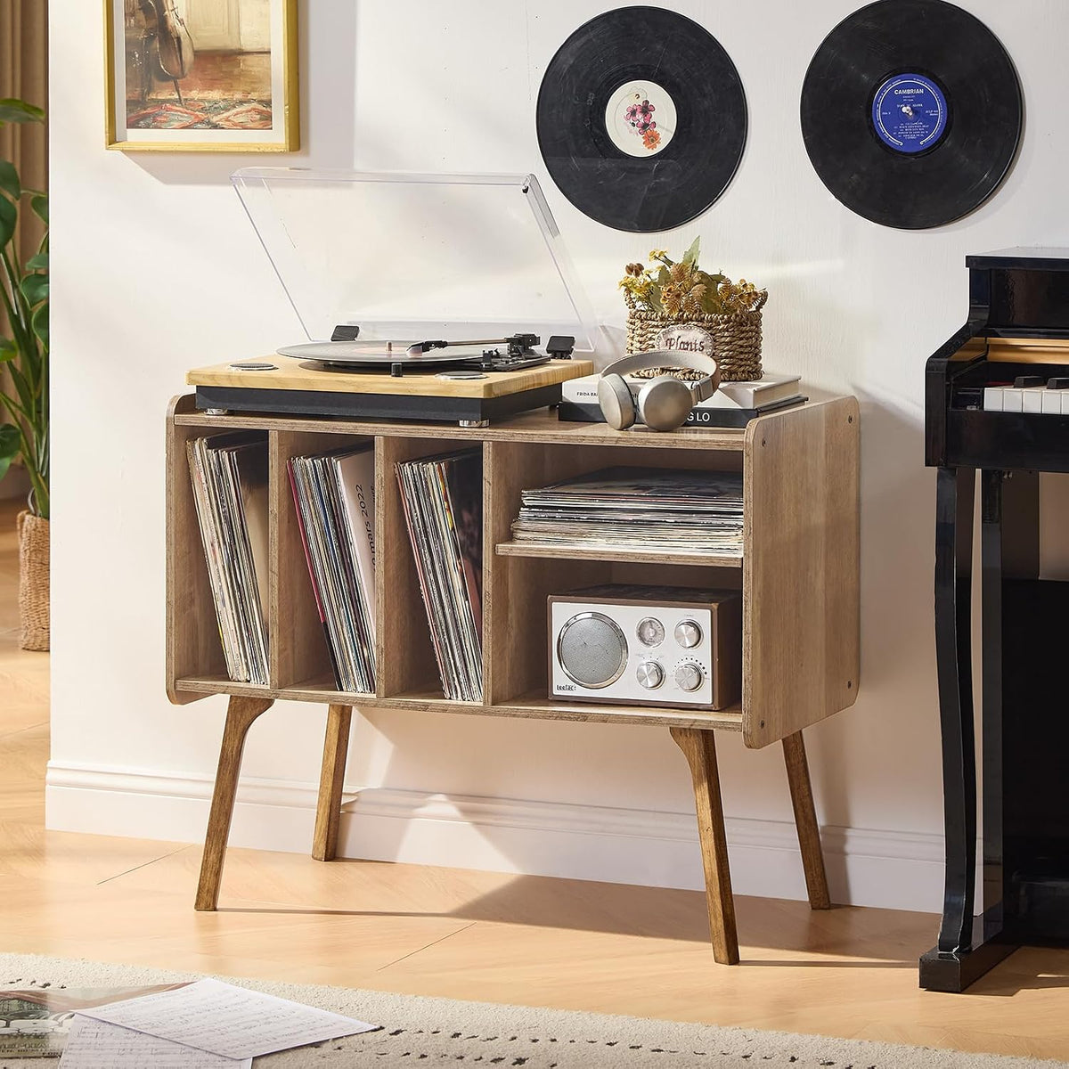 Lerliuo Record Player Stand with 4 Cabinet Holds Up to 220 Albums,Oak