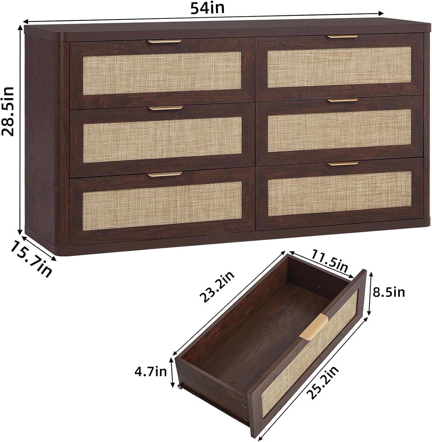 LEYAOYAO Rattan 54'' Wide Dresser for Bedroom, Walnut