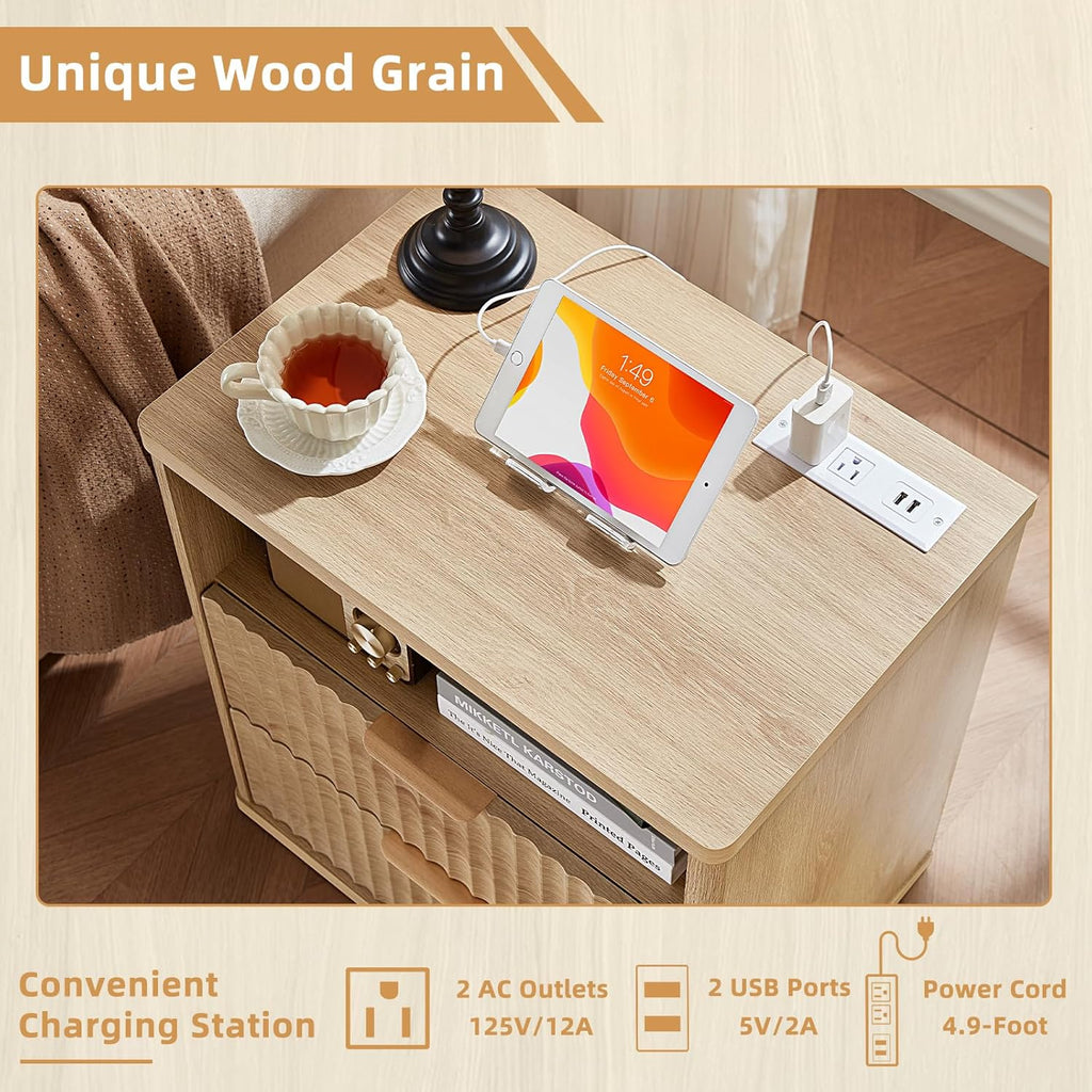 LEYAOYAO 23" Wide Fluted Night Stand with Charging Station, 3 Drawers Large End Table with Storage, Natural Nightstand Wood Bedside Tables, Farmhouse Cabinet Dresser for Bedroom, Closet