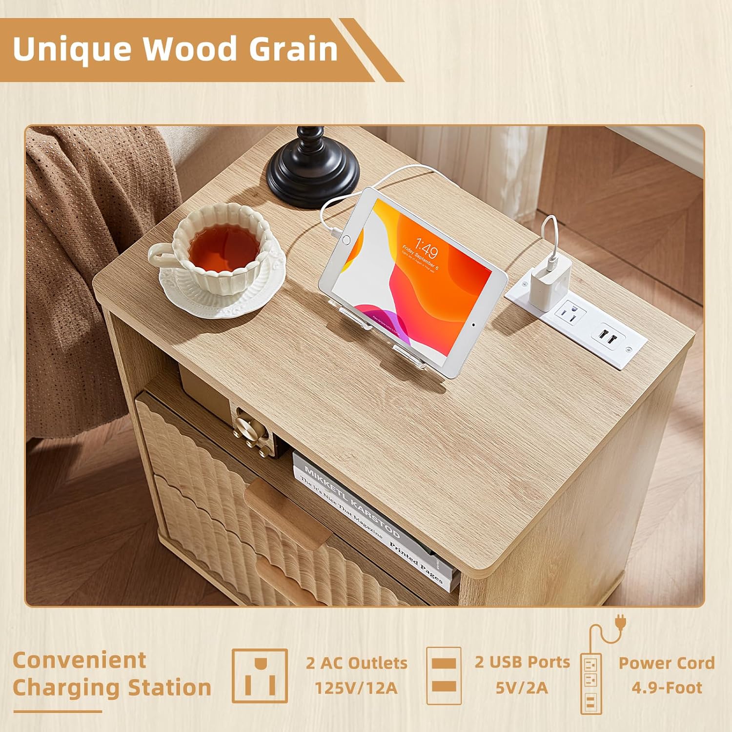 LEYAOYAO 23" Wide Fluted Night Stand with Charging Station, 3 Drawers Large End Table with Storage, Natural Nightstand Wood Bedside Tables, Farmhouse Cabinet Dresser for Bedroom, Closet