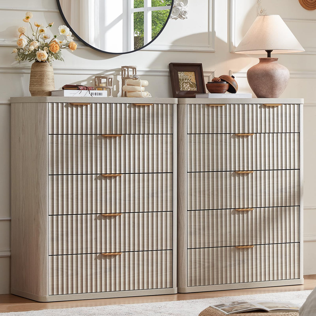 LEYAOYAO 23" Wide Fluted Night Stand with Charging Station, 3 Drawers Large End Table with Storage, LightGrey Nightstand Wood Bedside Tables, Farmhouse Cabinet Dresser for Bedroom, Closet