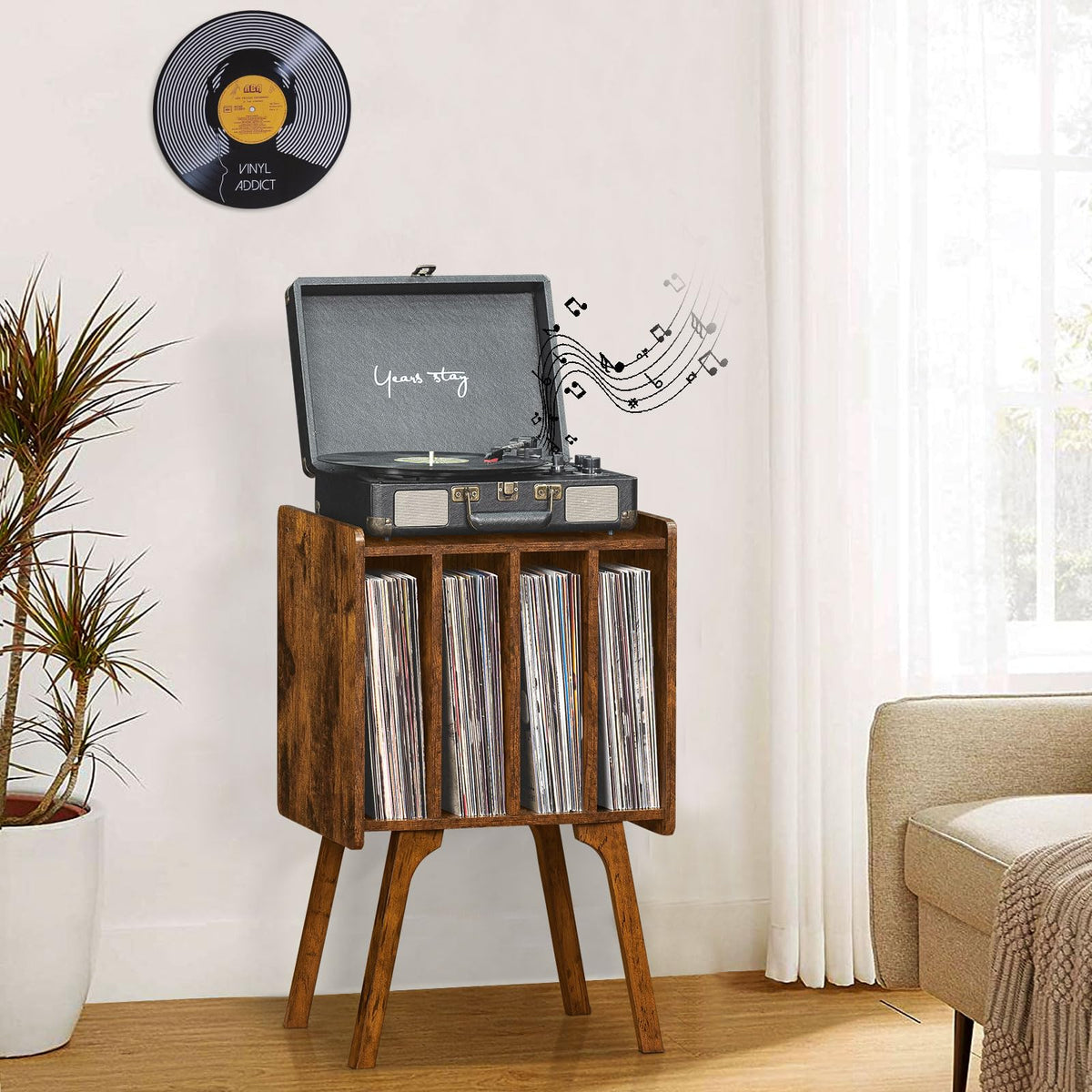 Lerliuo Record Player Stand with Storage Holds Up to 80 Albums, Turntable Stand with Beech Wood Legs, Mid-Century Record Player Table,Black Vinyl Holder Display Shelf for Bedroom Living Room