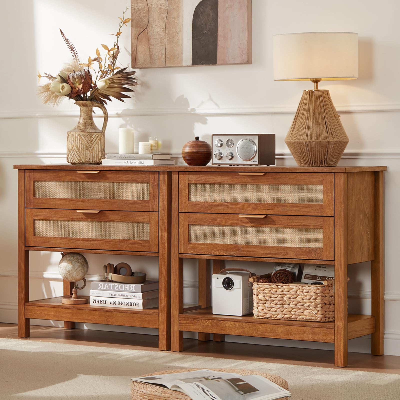 Lerliuo 31.5" Wide Rattan Nightstand,Oversized Large Boho Night Stand with 2 Drawers, 30" Tall Grey White Bedside Table with Storage Shelf, Bed Side End Tables for Bedroom, Living Room, Hallway