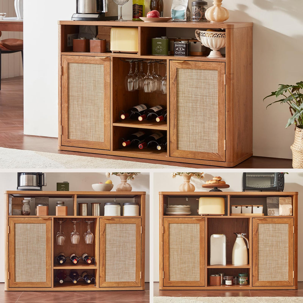 Lerliuo Rattan Wine Bar Cabinet with 2 Doors, Walnut