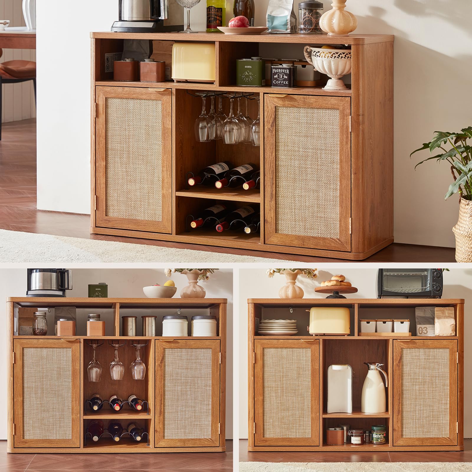 Lerliuo Rattan Wine Bar Cabinet with 2 Doors, Walnut