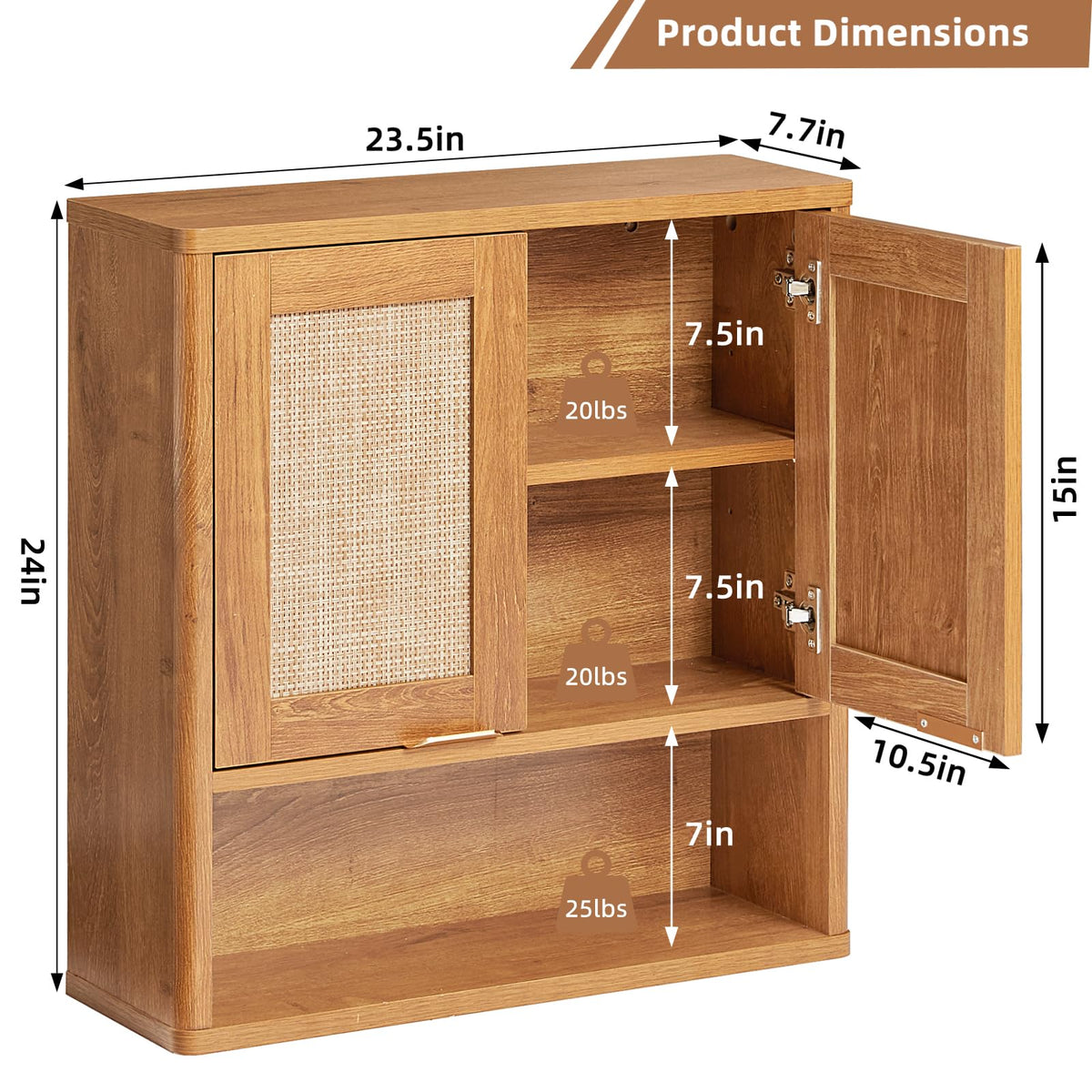 Lerliuo Rattan Bathroom Wall Cabinet, Boho Natural Medicine Cabinet with Adjustable Wood Shelf, 2 Doors Over The Toilet Storage Cabinets for Laundry Room, Kitchen, Living Room