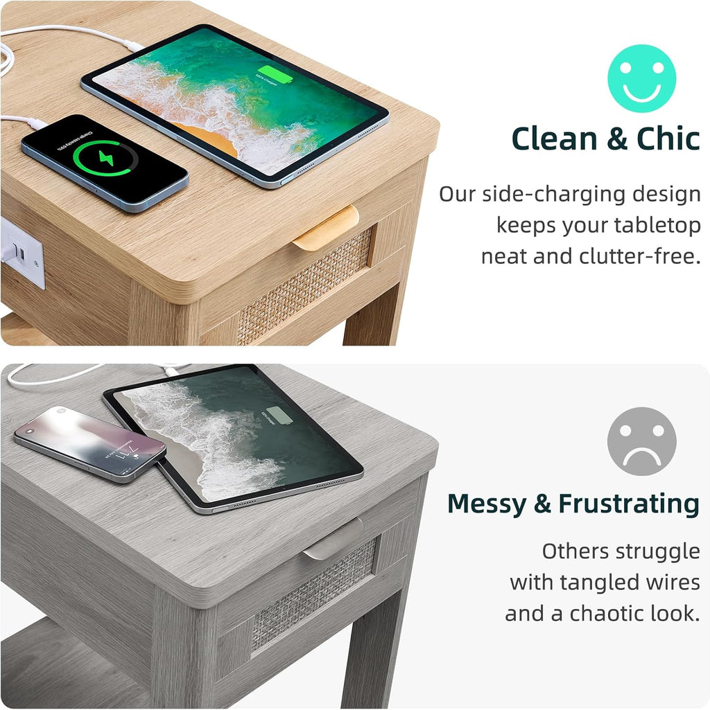 LEYAOYAO Narrow Side Table with Charging Station, Rattan 24 x 14''