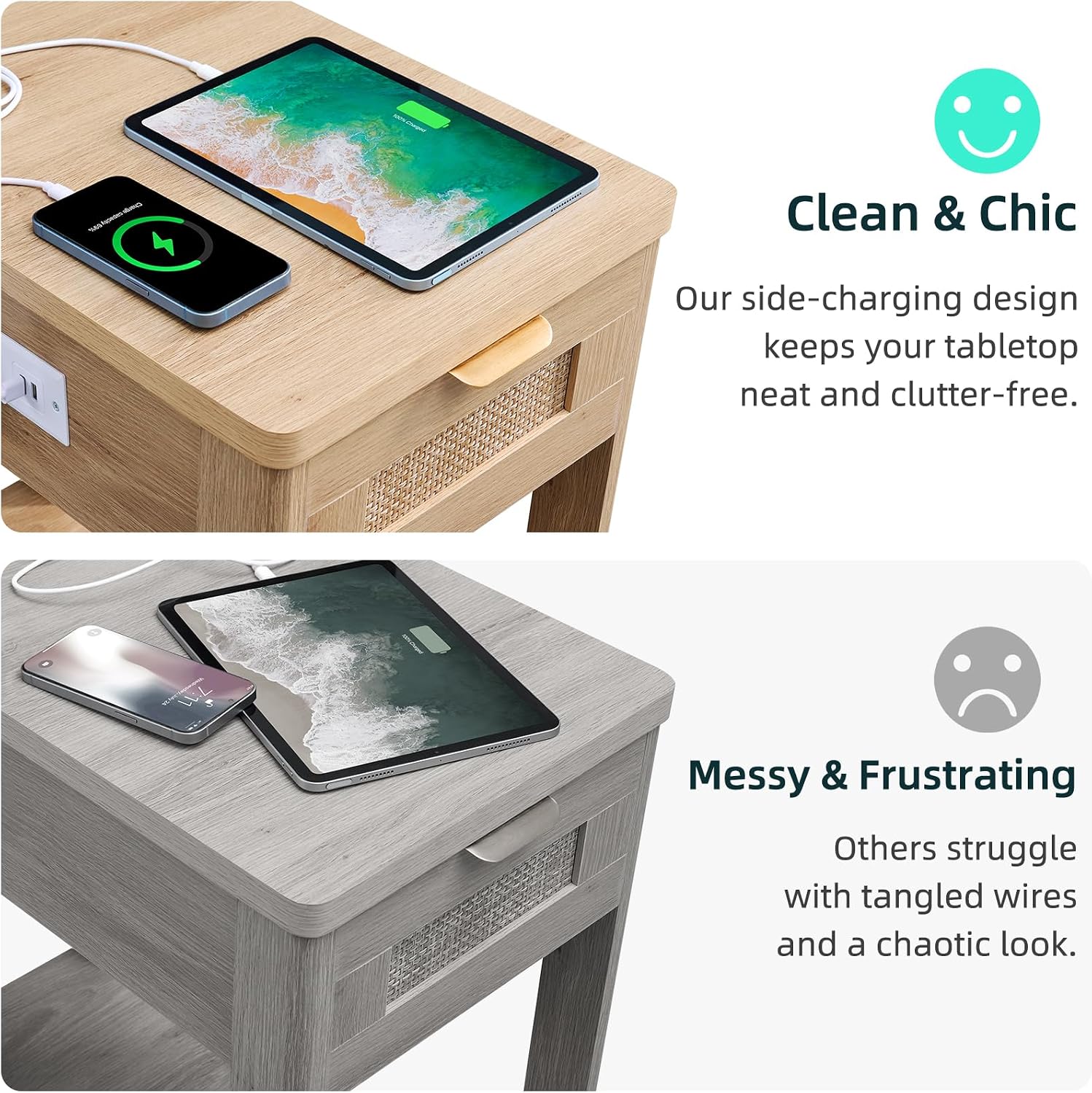 LEYAOYAO Narrow Side Table with Charging Station, Rattan 24 x 14''