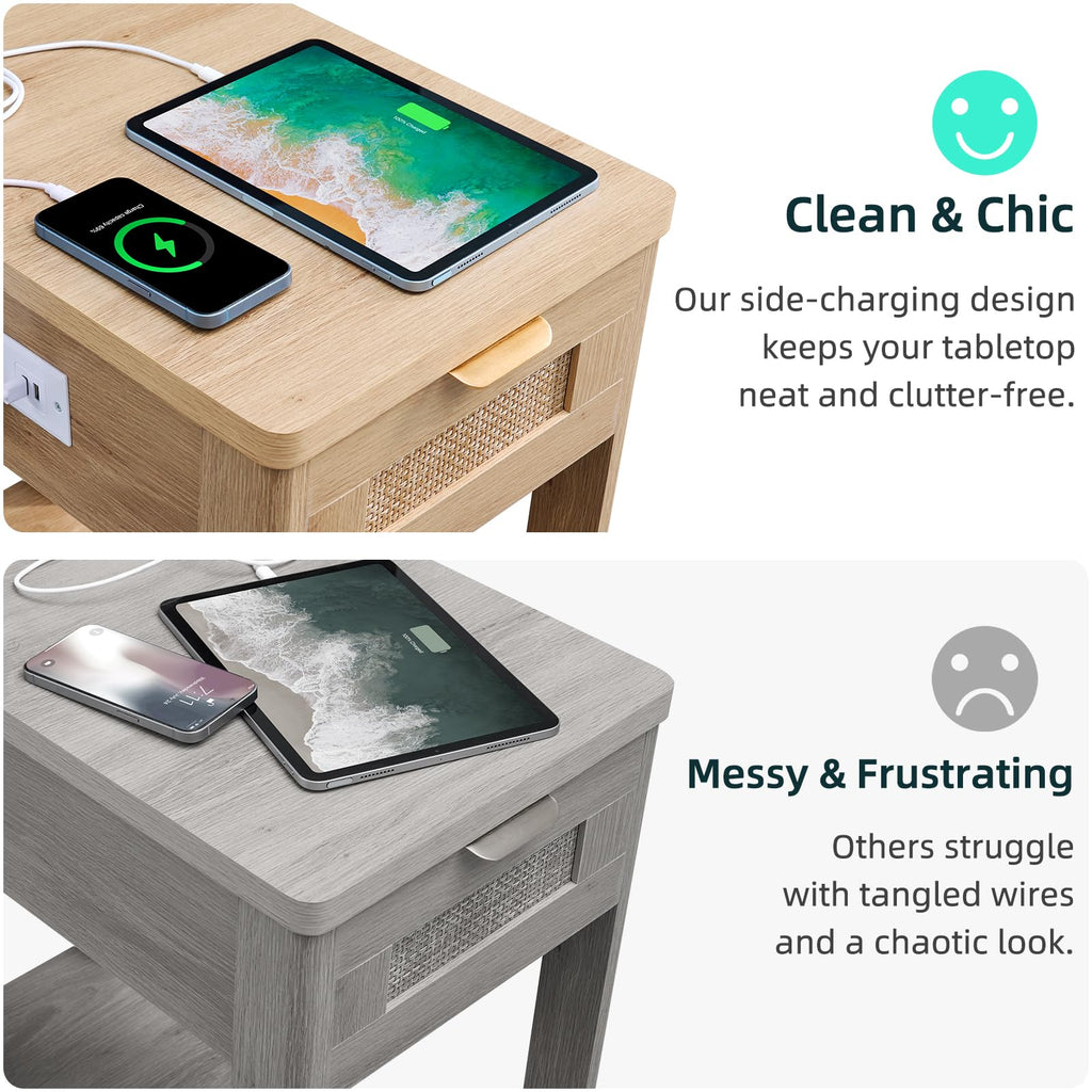 LEYAOYAO Narrow Side Table with Charging Station, Rattan 24 x 14''