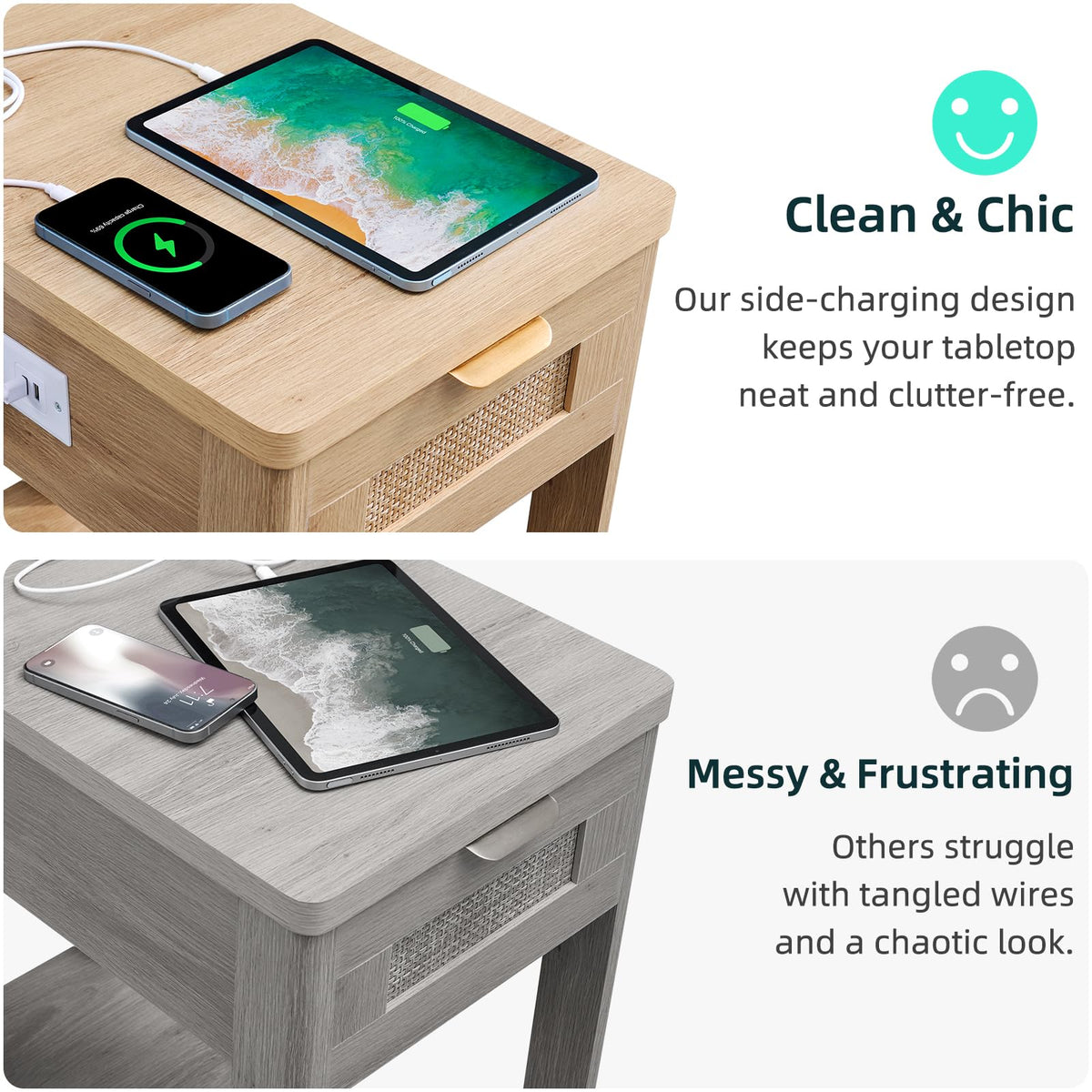 LEYAOYAO Narrow Side Table with Charging Station, Rattan 24 x 14''