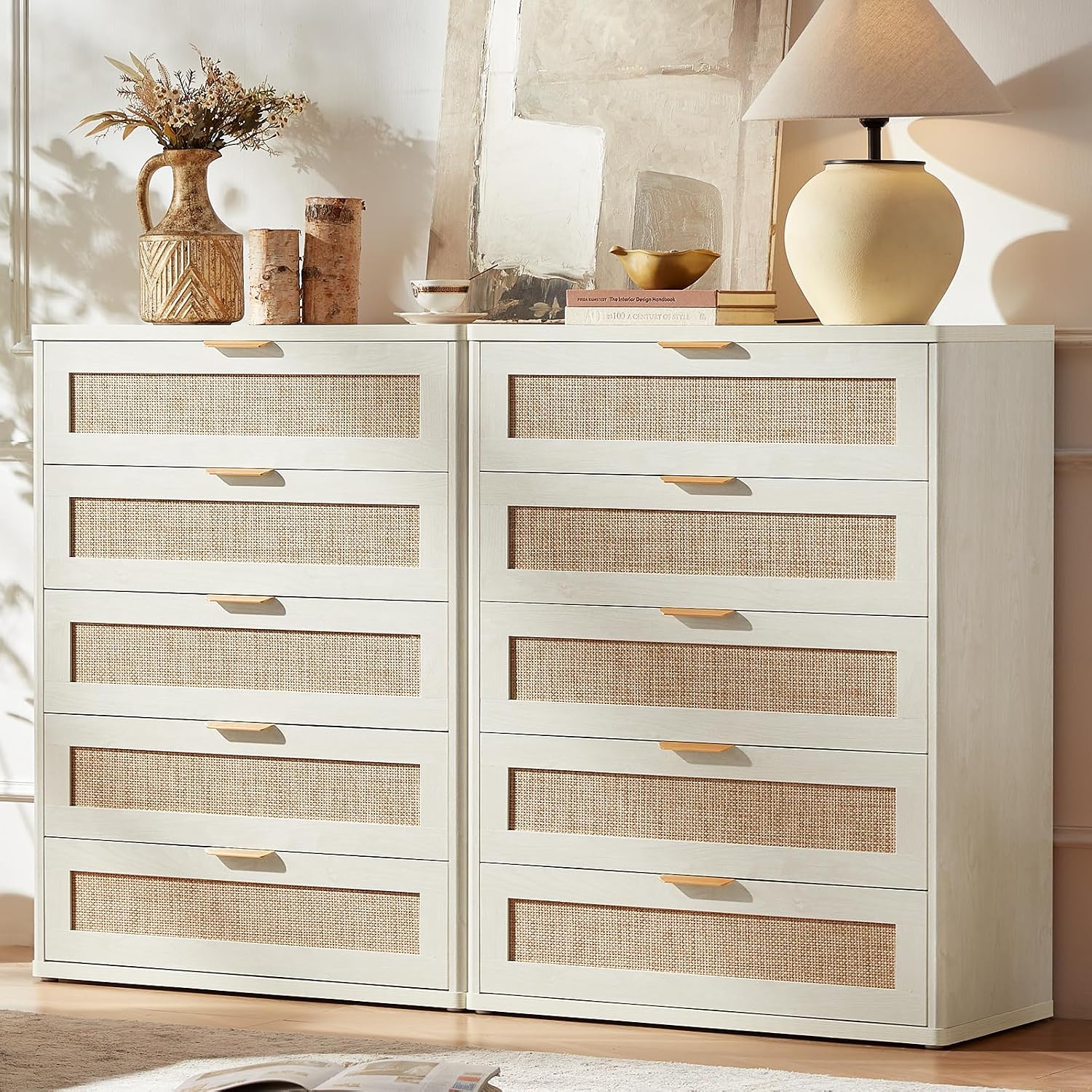 LEYAOYAO Rattan 23" Nightstands with Charger Station 2 Drawers