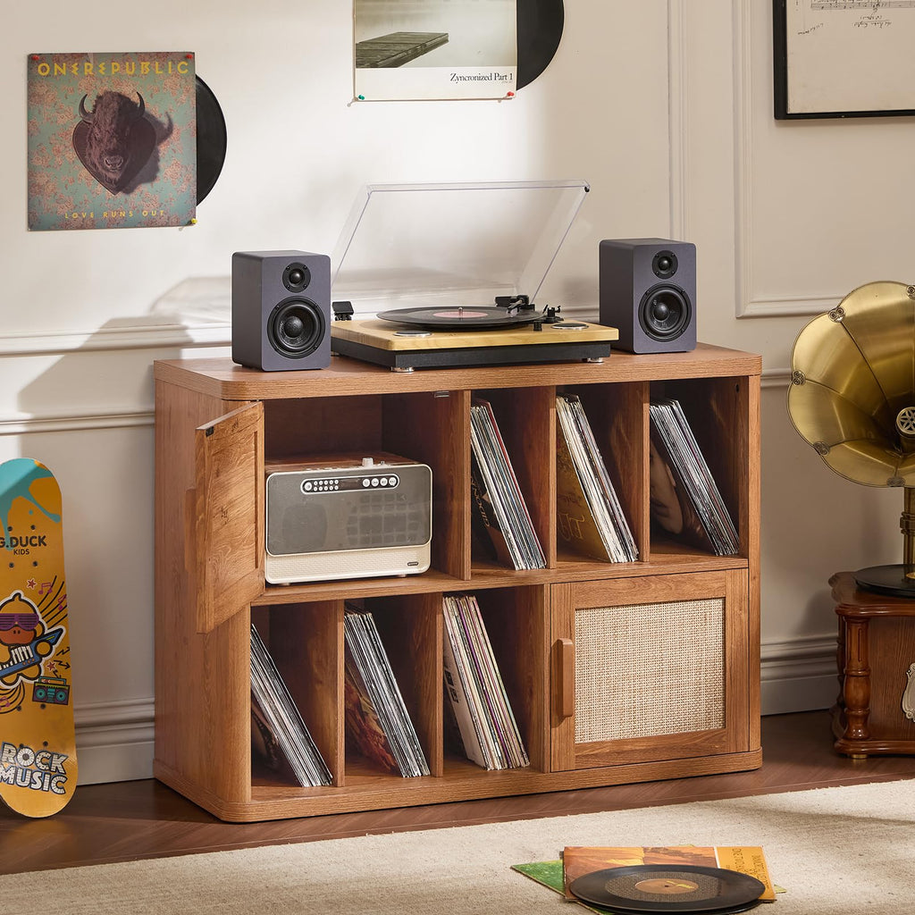 LEYAOYAO Large Record Player Stand with Vinyl Storage Up to 450 Albums, Wood Fluted Record Storage Accent Cabinet, Modern Stereo Media Cabinets, Wide Turntable Stand for Living Room, Antique White